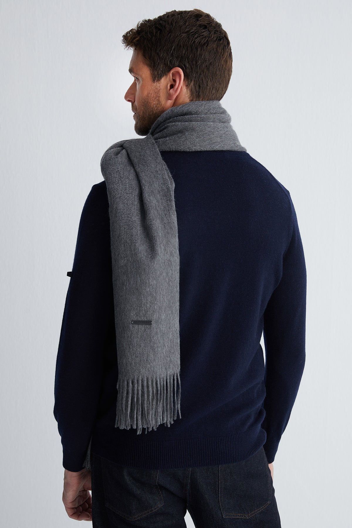 Orta Gri Melanj Rose Saf Kaşmir Şal 180x60 cm