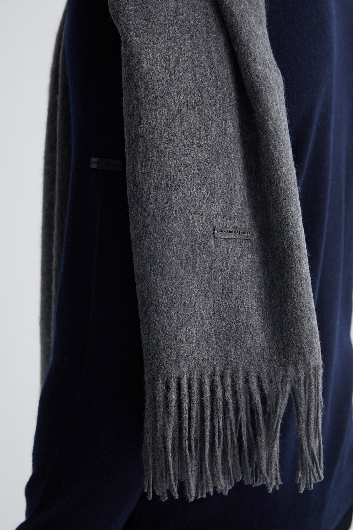 Orta Gri Melanj Rose Saf Kaşmir Şal 180x60 cm