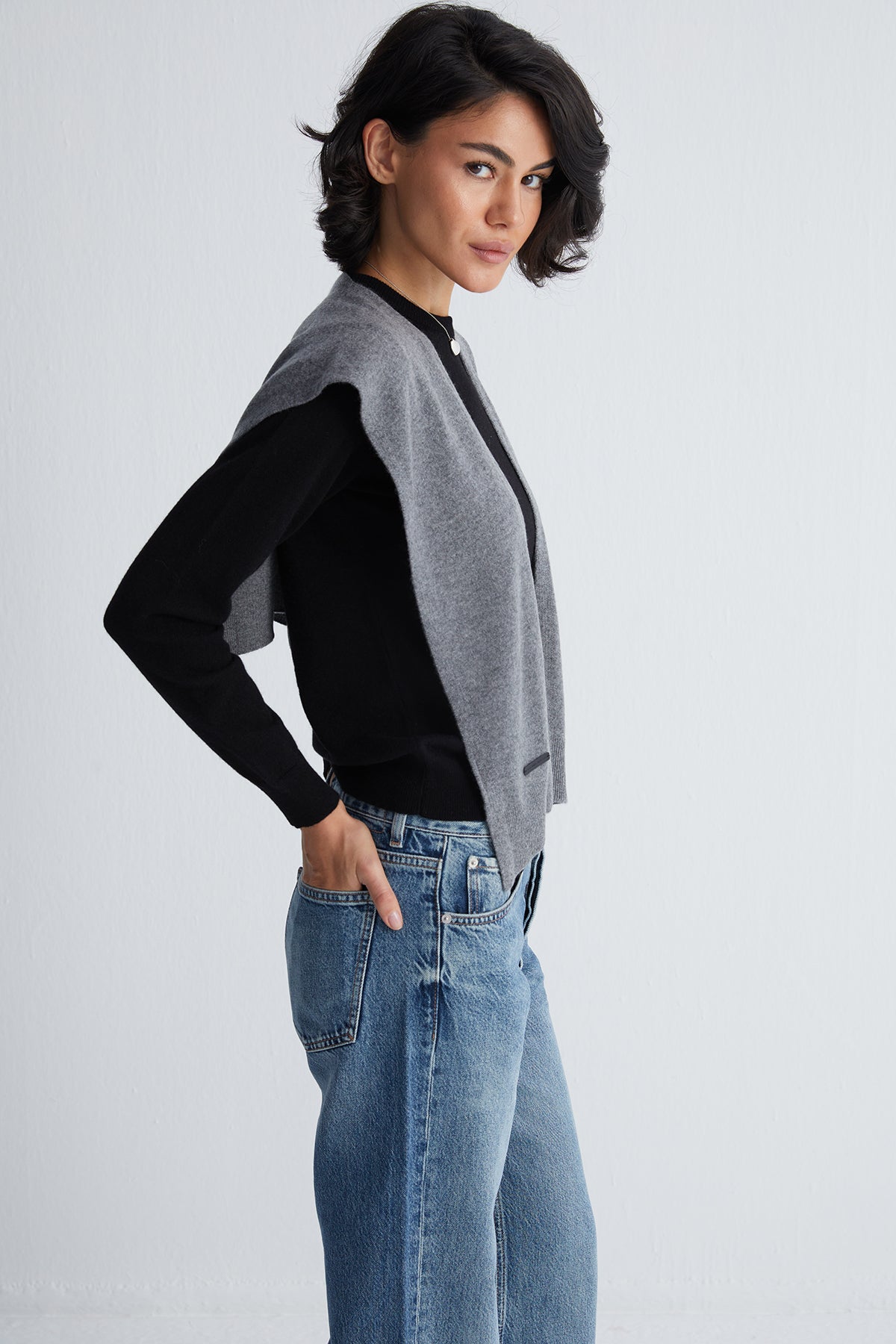 Gri Lilly Saf Kaşmir Kazak Atkı