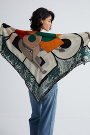 Yeşil Beyaz Linda Saf Kaşmir Baskılı Eşarp 140x 140 cm