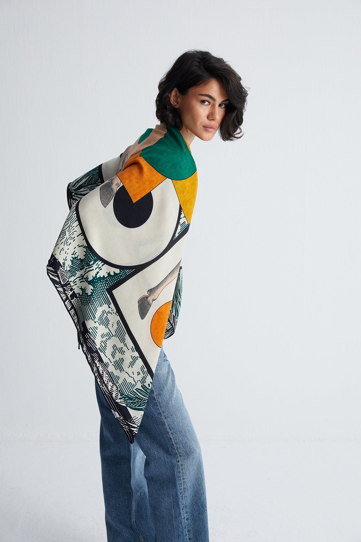 Yeşil Beyaz Linda Saf Kaşmir Baskılı Eşarp 140x 140 cm