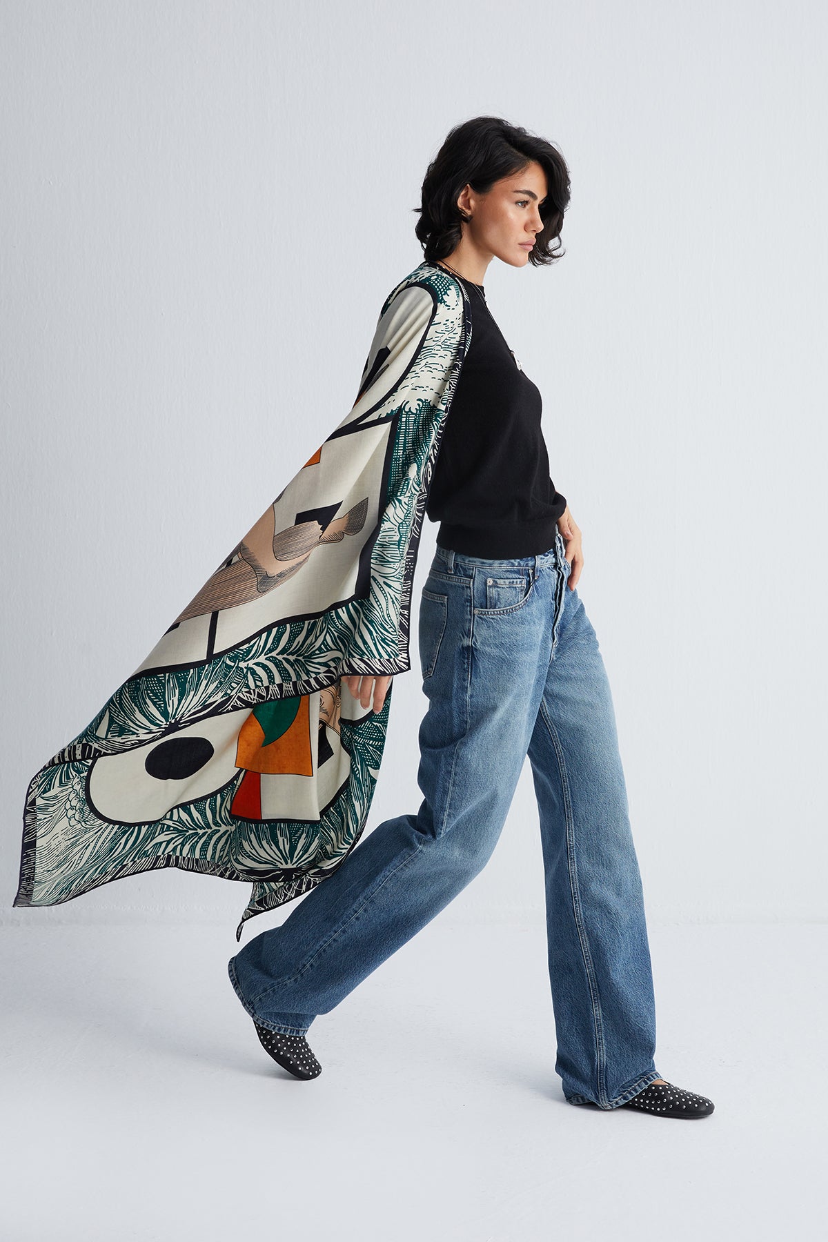 Yeşil Beyaz Linda Saf Kaşmir Baskılı Eşarp 140x 140 cm