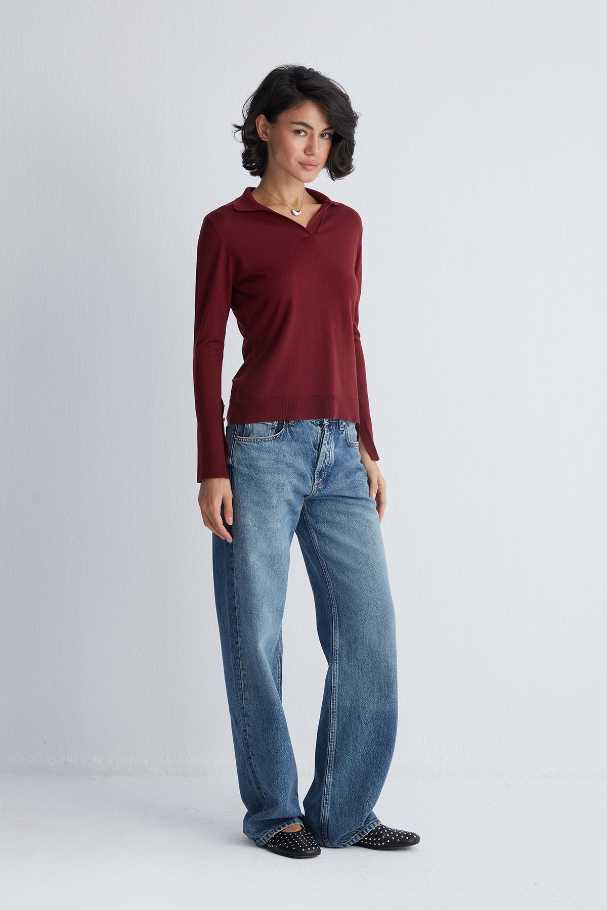 Bordo Zoe İpek Kaşmir Polo Yaka Triko