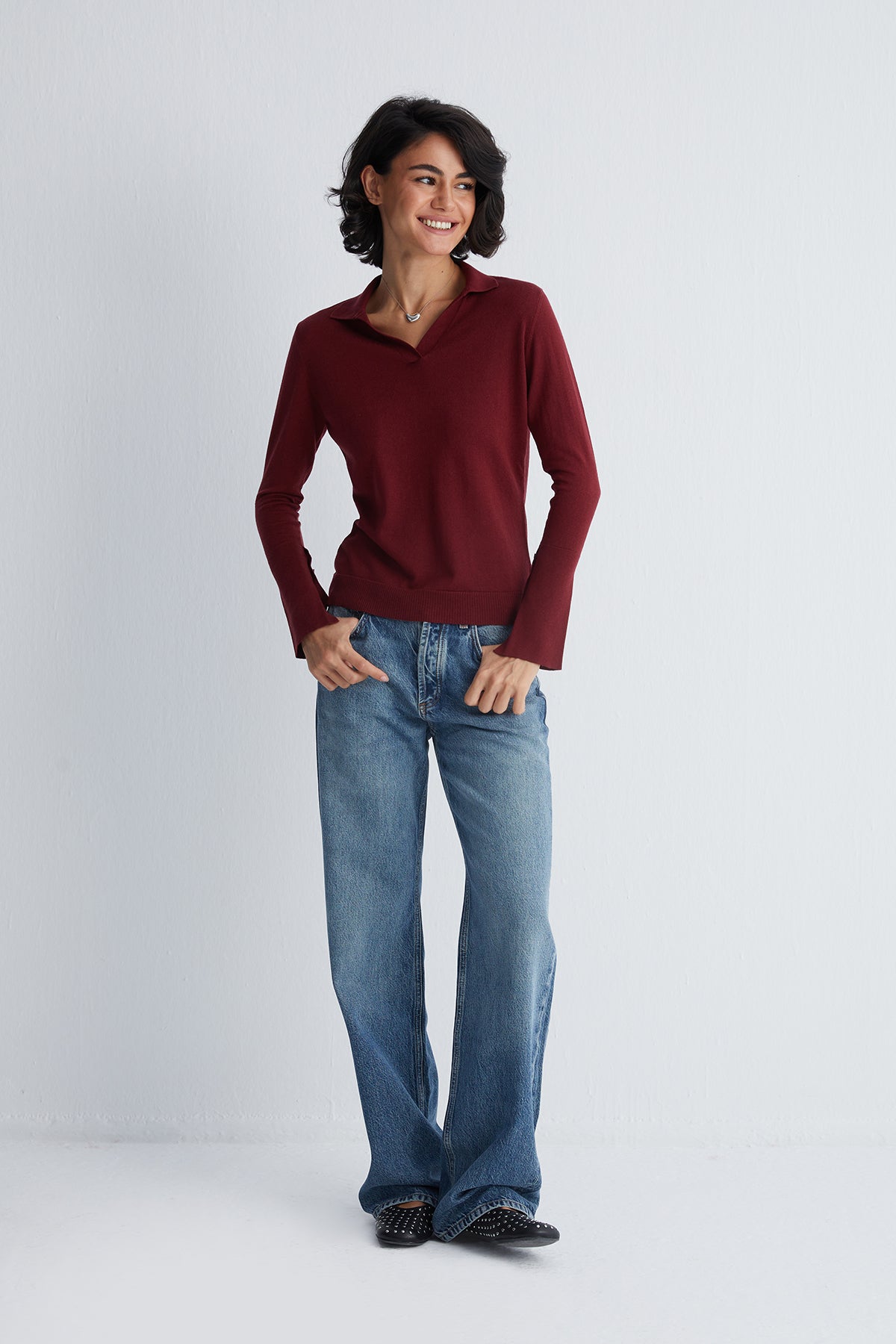 Bordo Zoe İpek Kaşmir Polo Yaka Triko