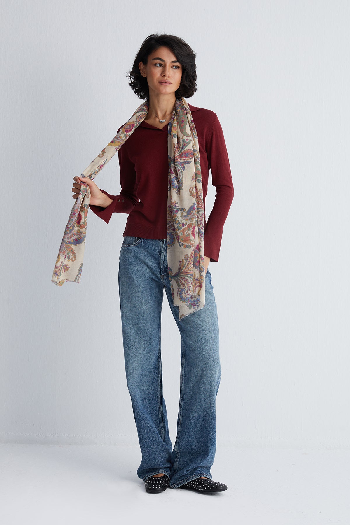 Bordo Zoe İpek Kaşmir Polo Yaka Triko