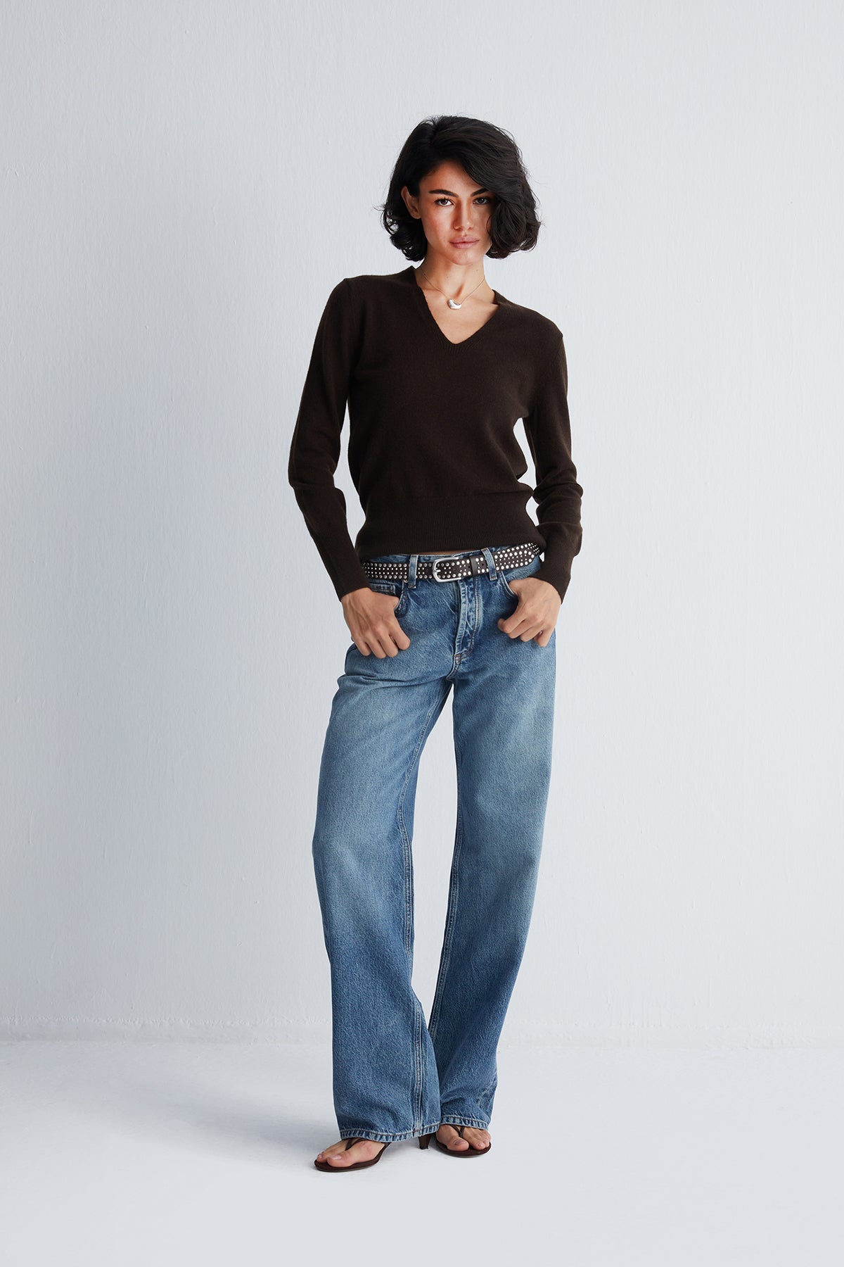 Kahverengi Franca Saf Kaşmir Derin V Yaka Kazak