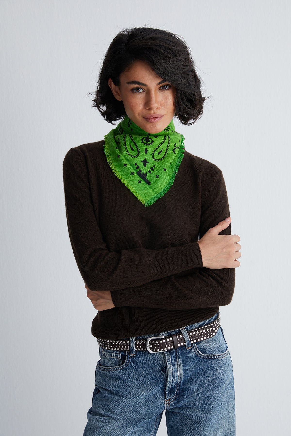 Kahverengi Franca Saf Kaşmir Derin V Yaka Kazak