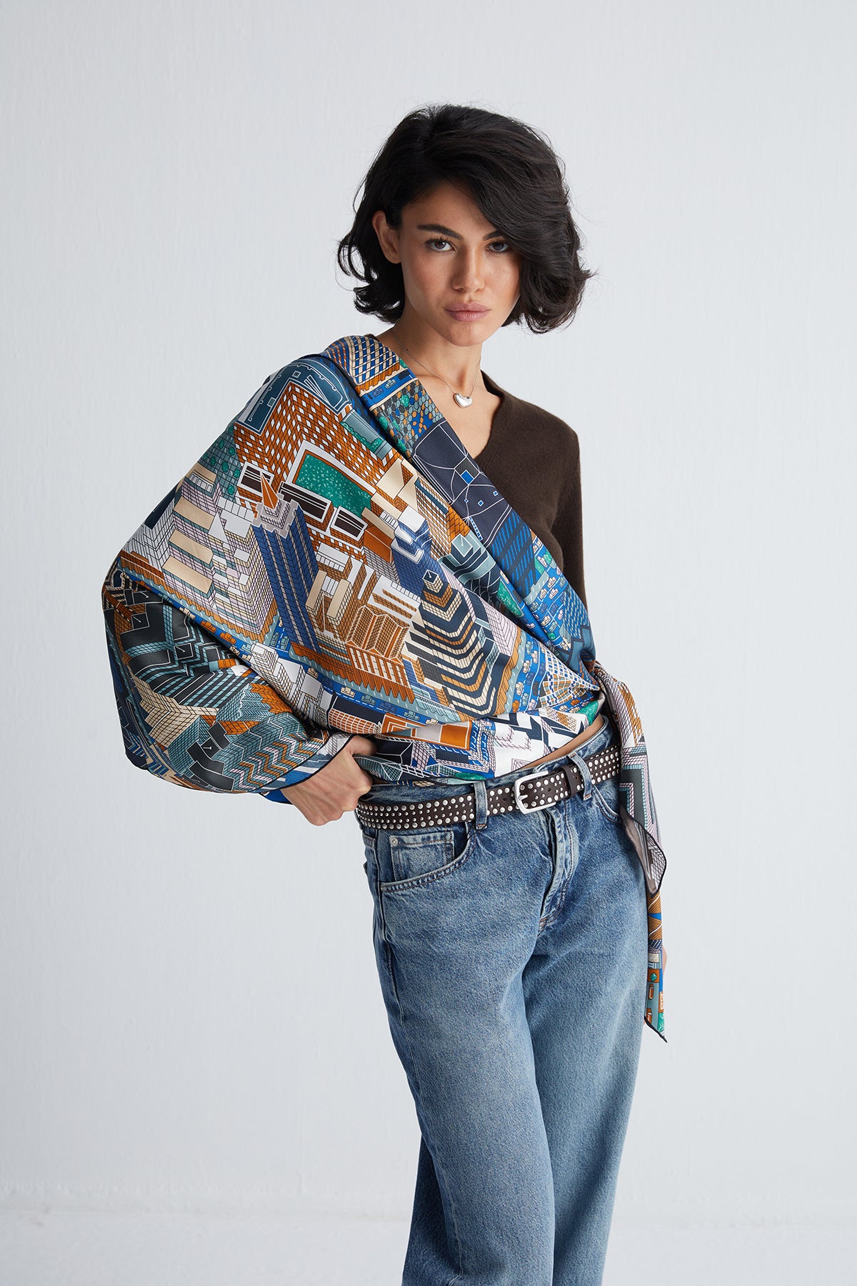 Lacivert Yeşil Lina Saf İpek Baskılı Şal 140x140cm