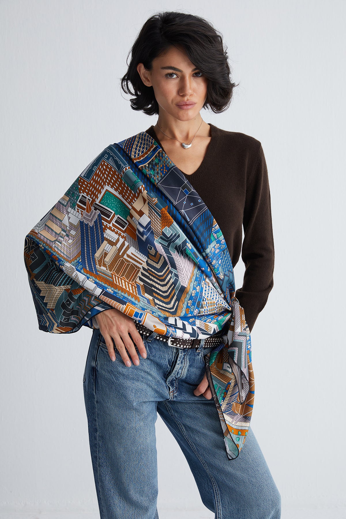 Lacivert Yeşil Lina Saf İpek Baskılı Şal 140x140cm