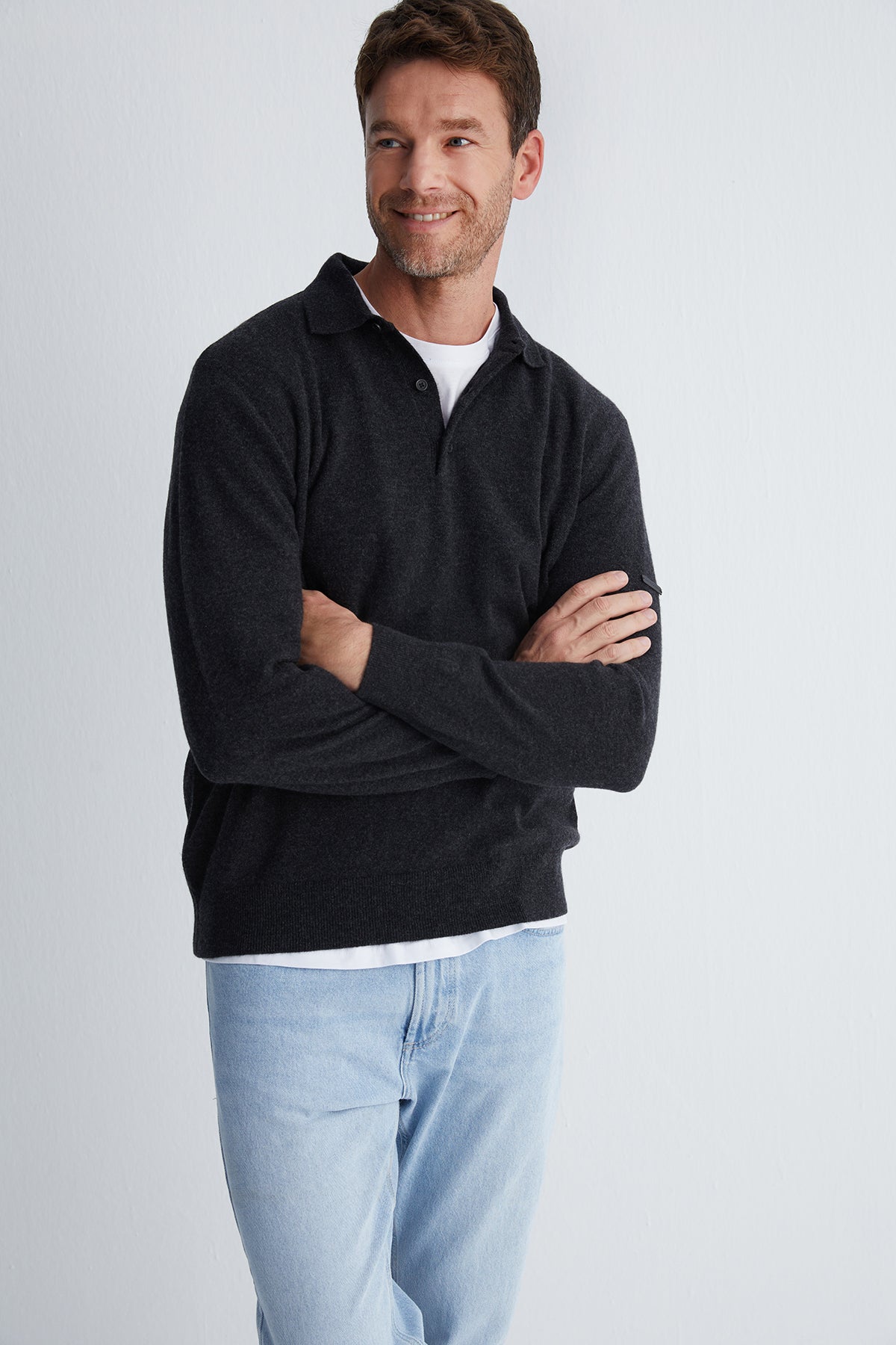 Gri Saf Kaşmir Erkek Polo Kazak