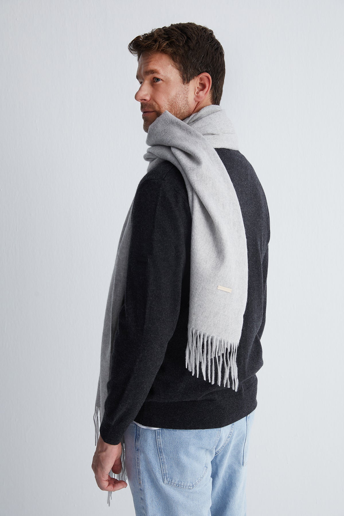 Açık Gri Rose Saf Kaşmir Şal 180x60 cm