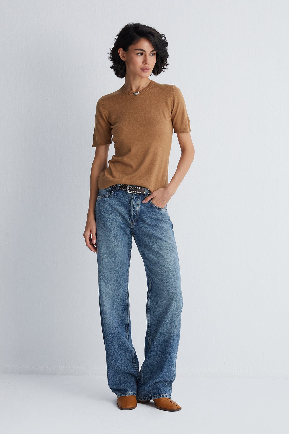 Camel Zoe İpek Kaşmir Yuvarlak Yaka Kısa Kollu Triko