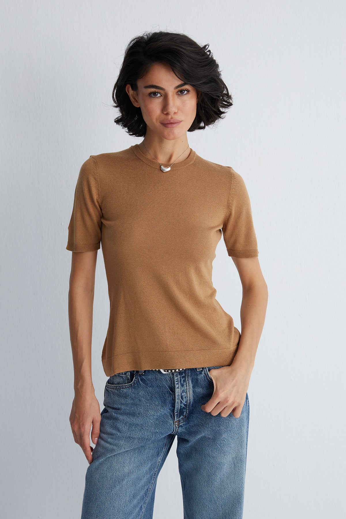 Camel Zoe İpek Kaşmir Yuvarlak Yaka Kısa Kollu Triko