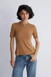 Camel Zoe İpek Kaşmir Yuvarlak Yaka Kısa Kollu Triko