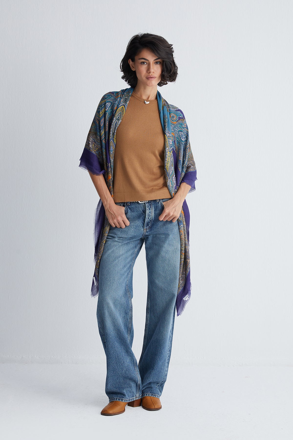 Lacivert Jas Desenli Kare Şal 140x140 cm