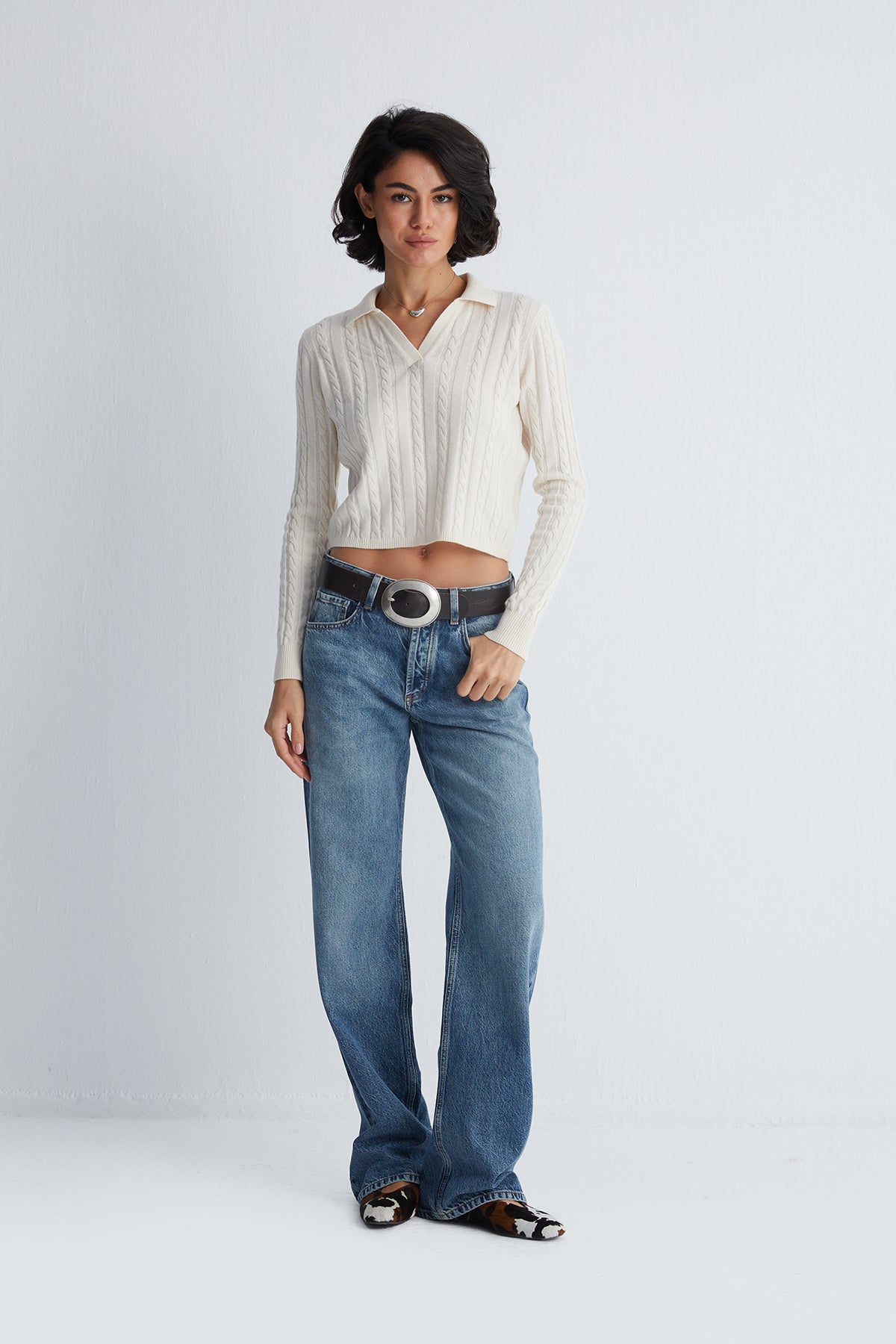 Ekru Amelia Polo Yaka Crop Kazak