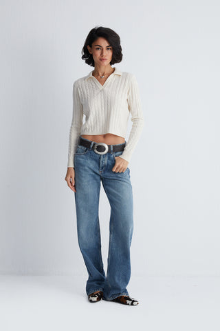 Ekru Amelia Polo Yaka Crop Kazak