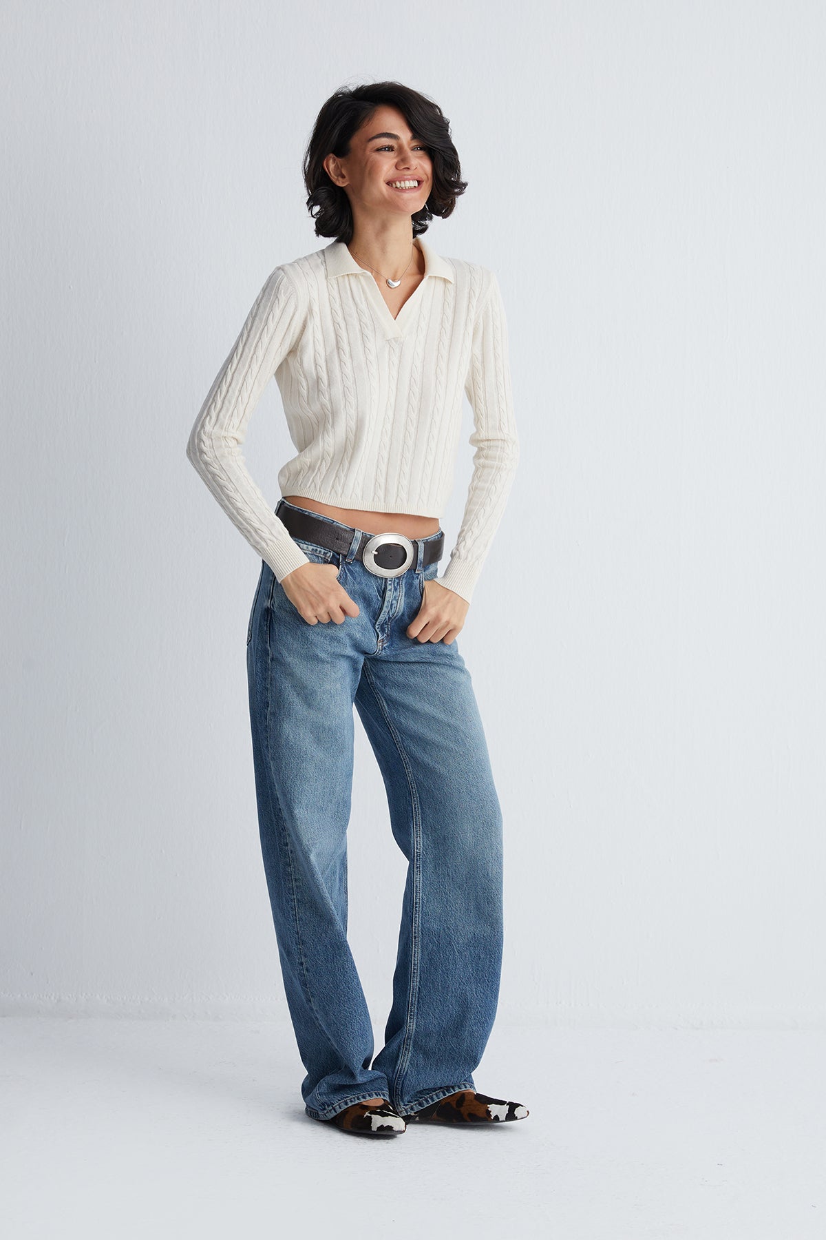 Ekru Amelia Polo Yaka Crop Kazak