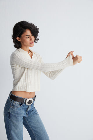 Ekru Amelia Polo Yaka Crop Kazak