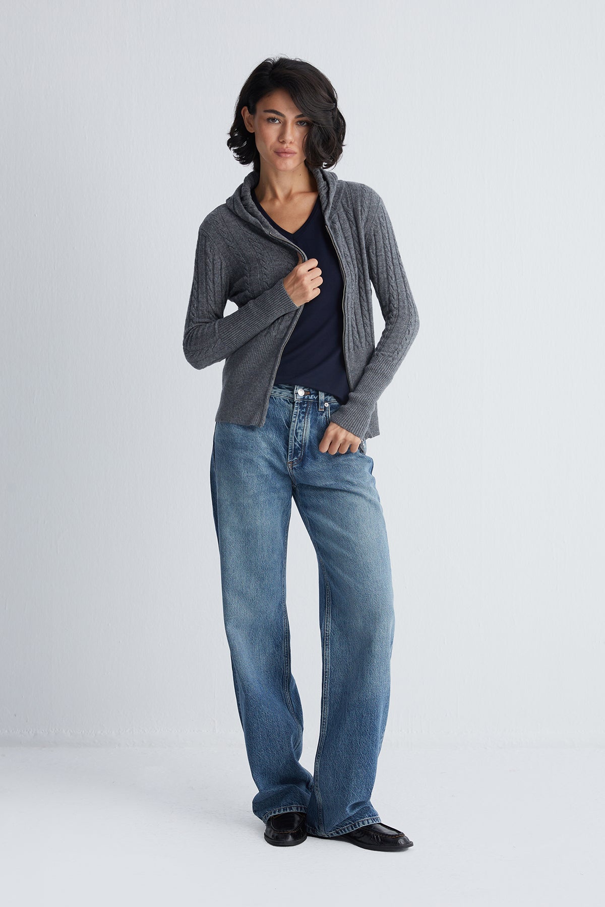 Gri Amelia Yün Kaşmir Kapüşonlu Hırka