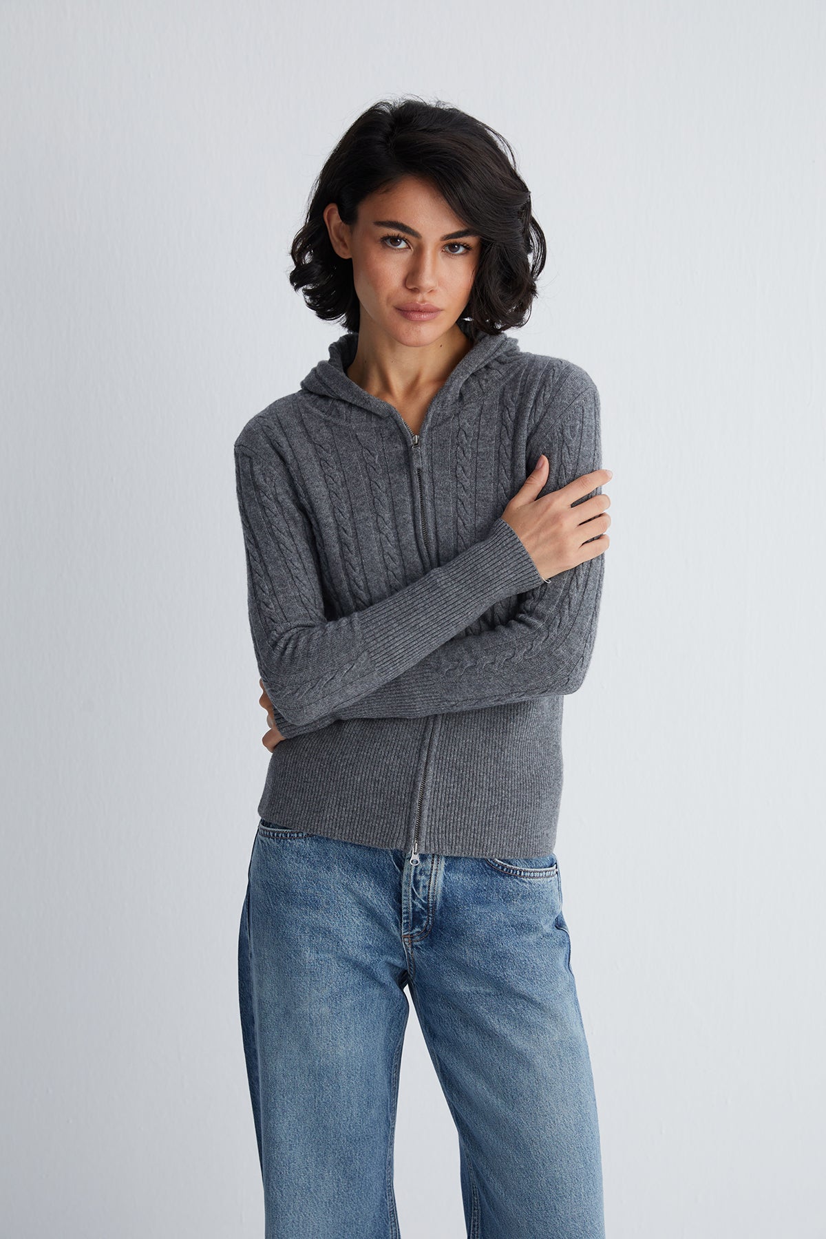 Gri Amelia Yün Kaşmir Kapüşonlu Hırka