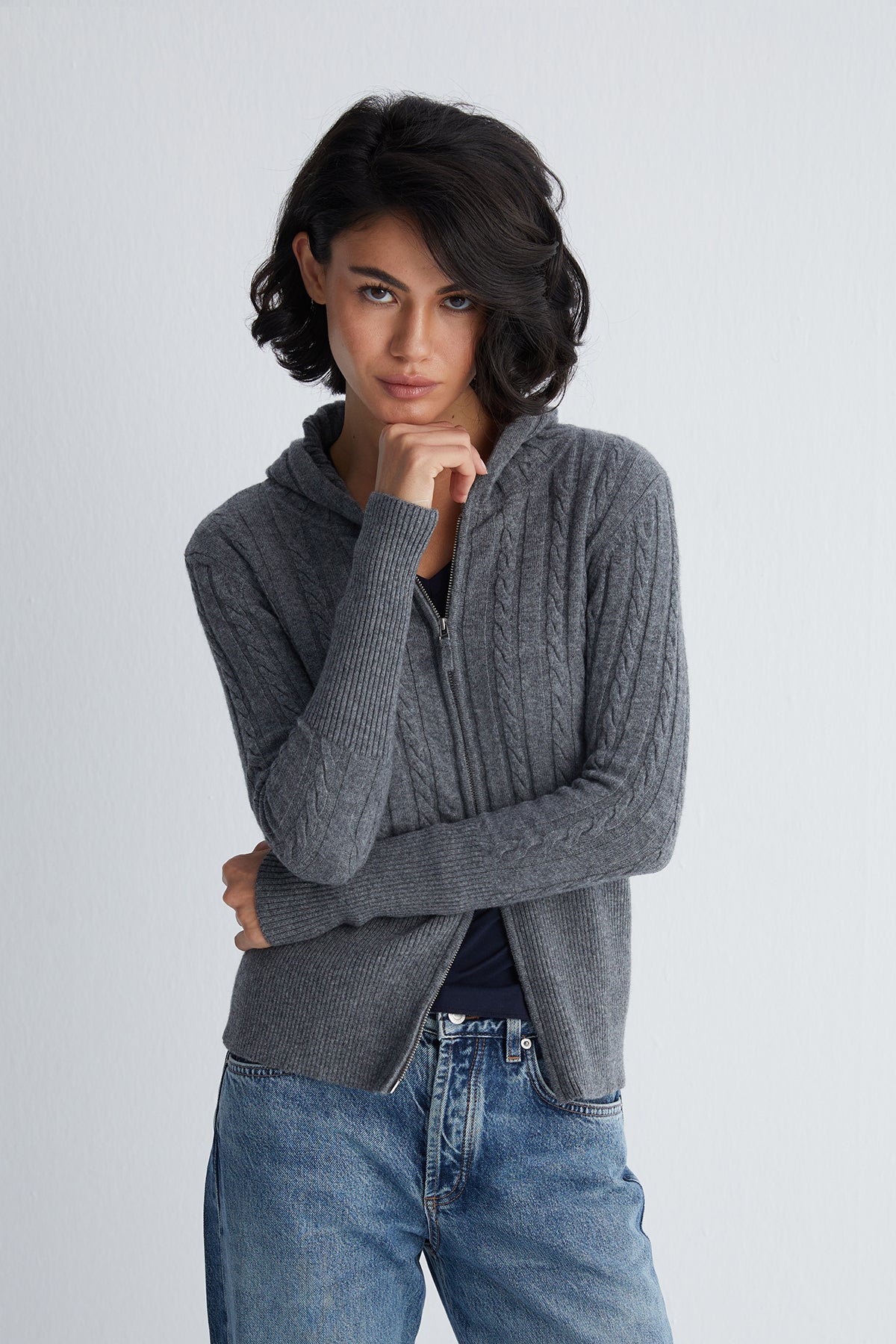 Gri Amelia Yün Kaşmir Kapüşonlu Hırka