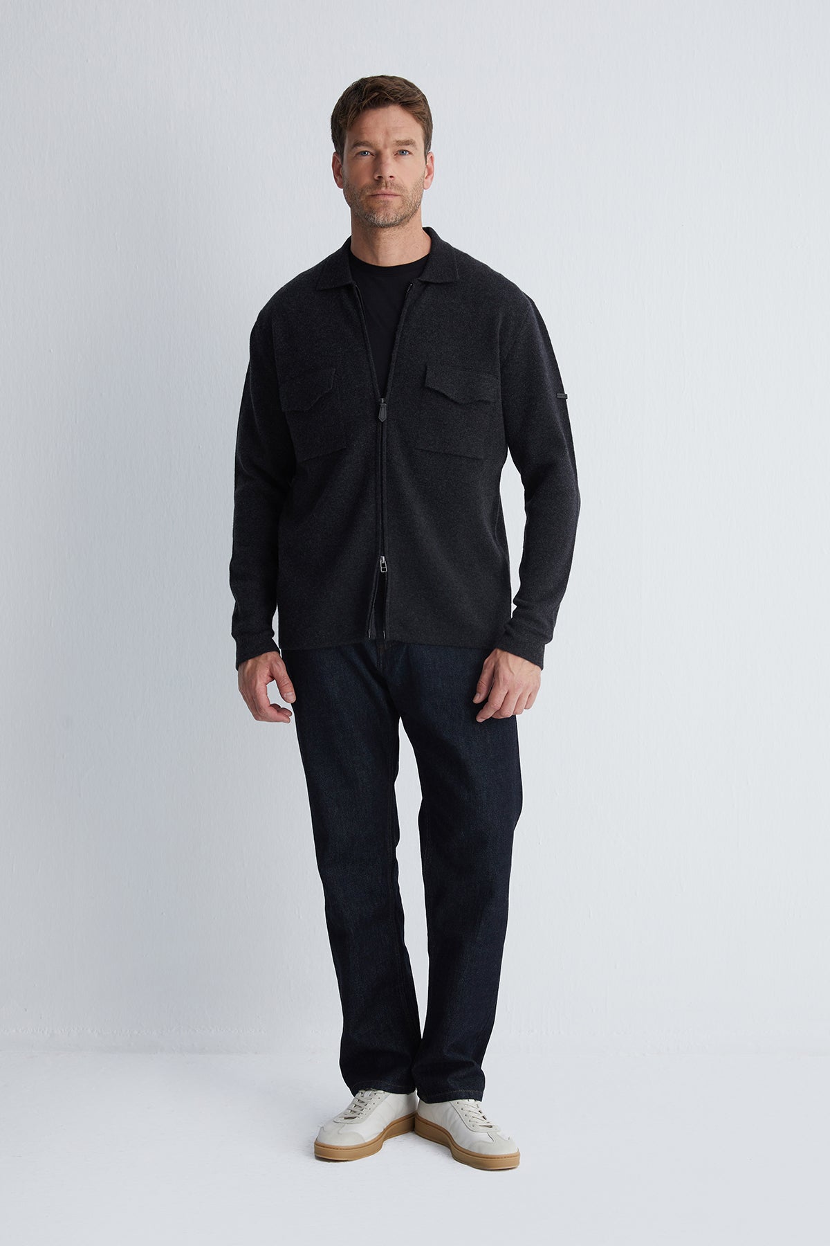 Gri Saf Kaşmir Çelik Örgü Erkek Ceket