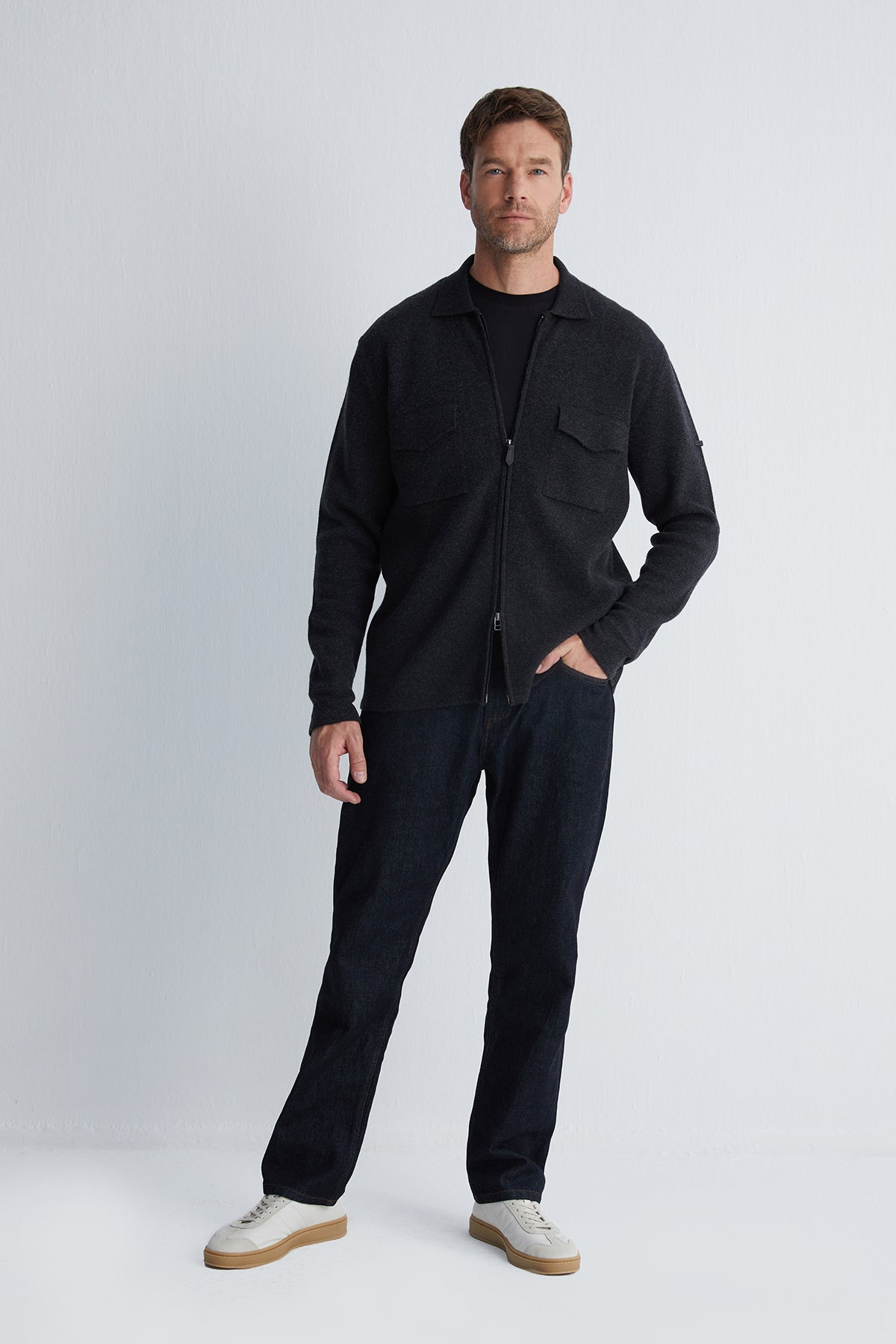 Gri Saf Kaşmir Çelik Örgü Erkek Ceket