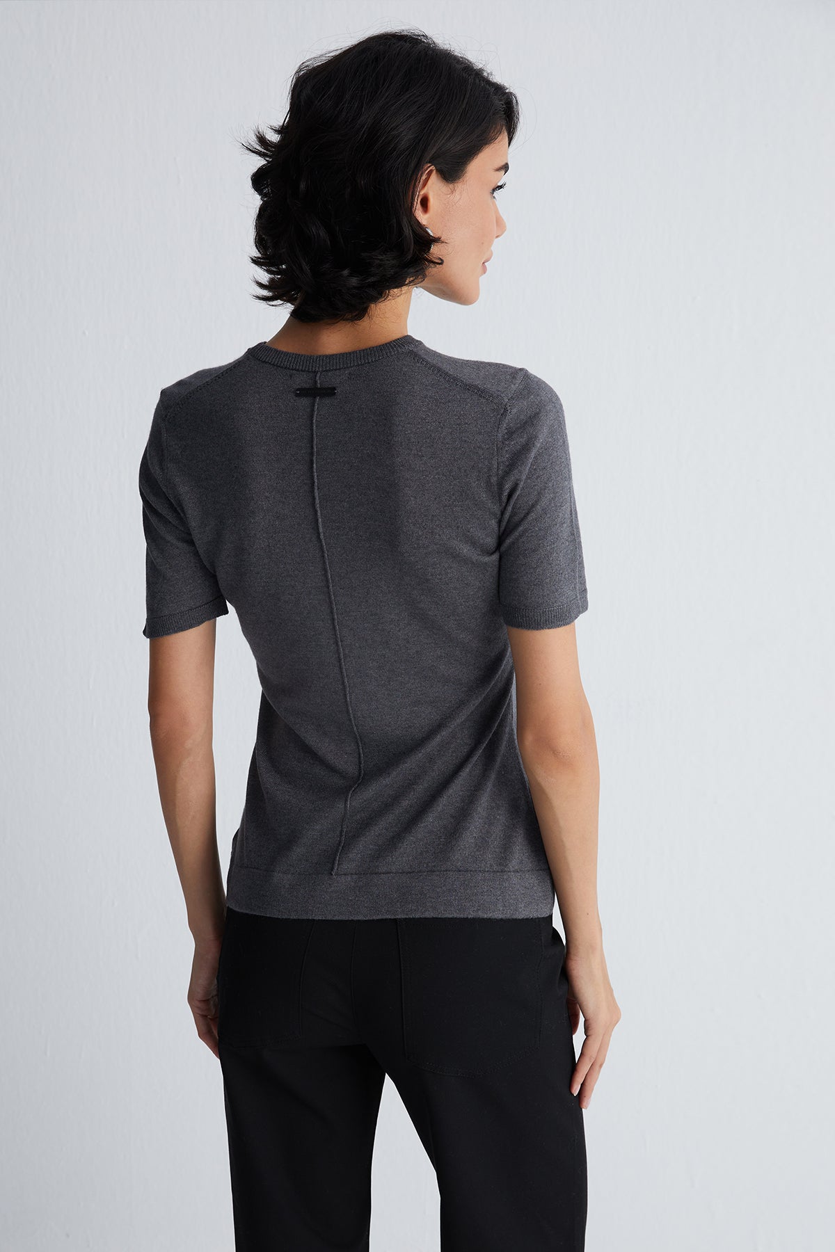 Antrasit Zoe İpek Kaşmir Yuvarlak Yaka Kısa Kollu Triko