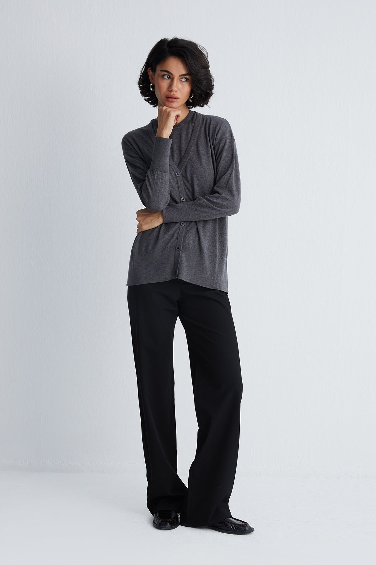 Antrasit Zoe İpek Kaşmir V Yaka Hırka