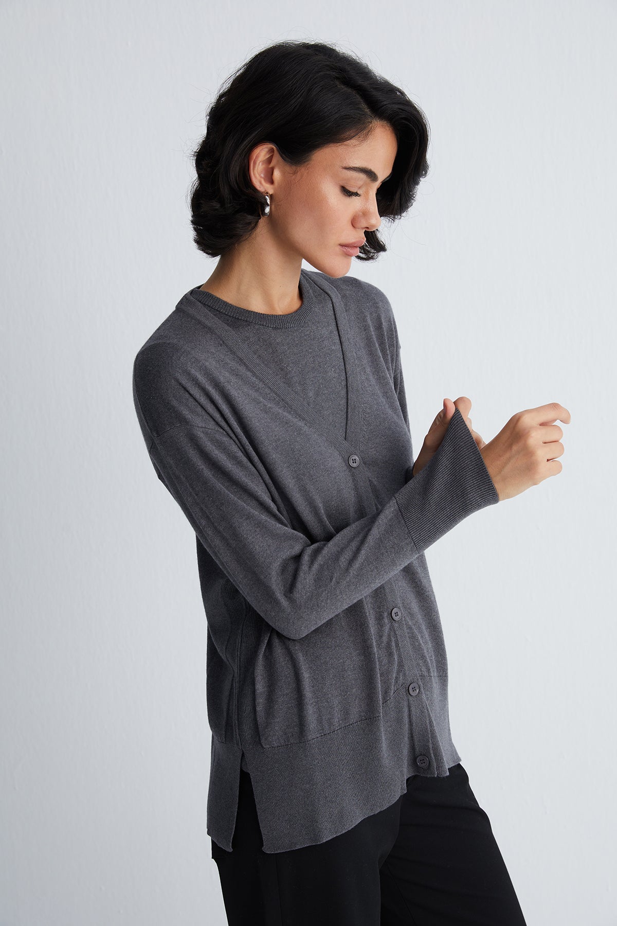 Antrasit Zoe İpek Kaşmir V Yaka Hırka