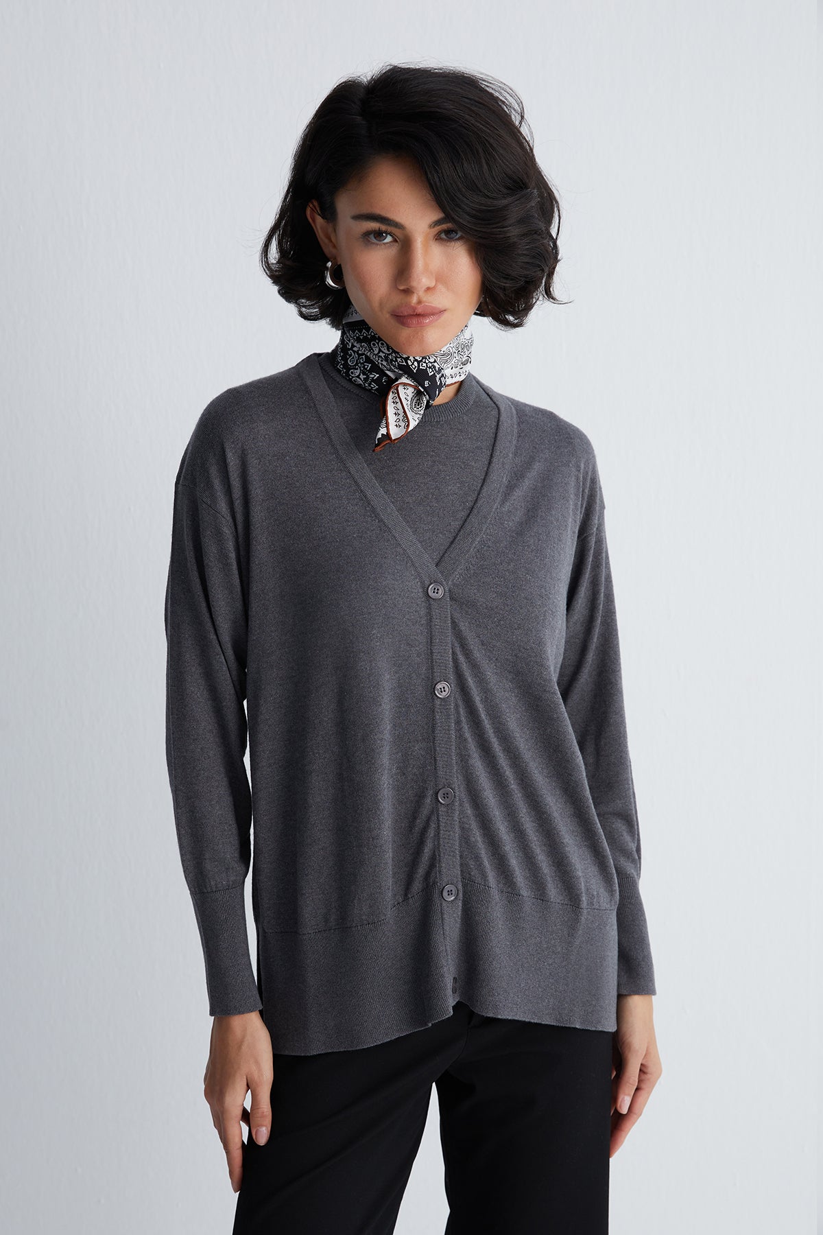 Antrasit Zoe İpek Kaşmir V Yaka Hırka