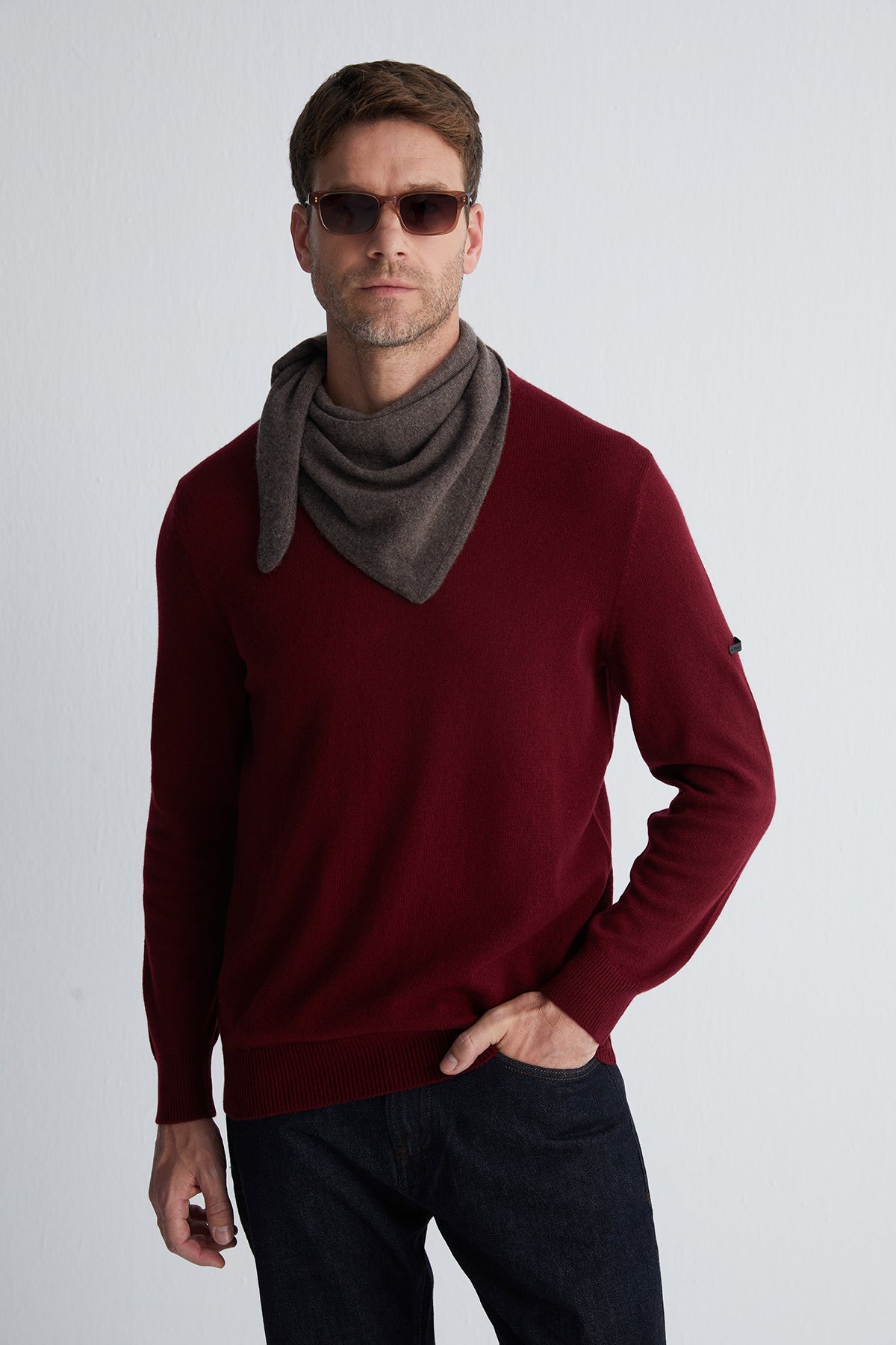 Bordo Franco Saf Kaşmir Bisiklet Yaka Kazak