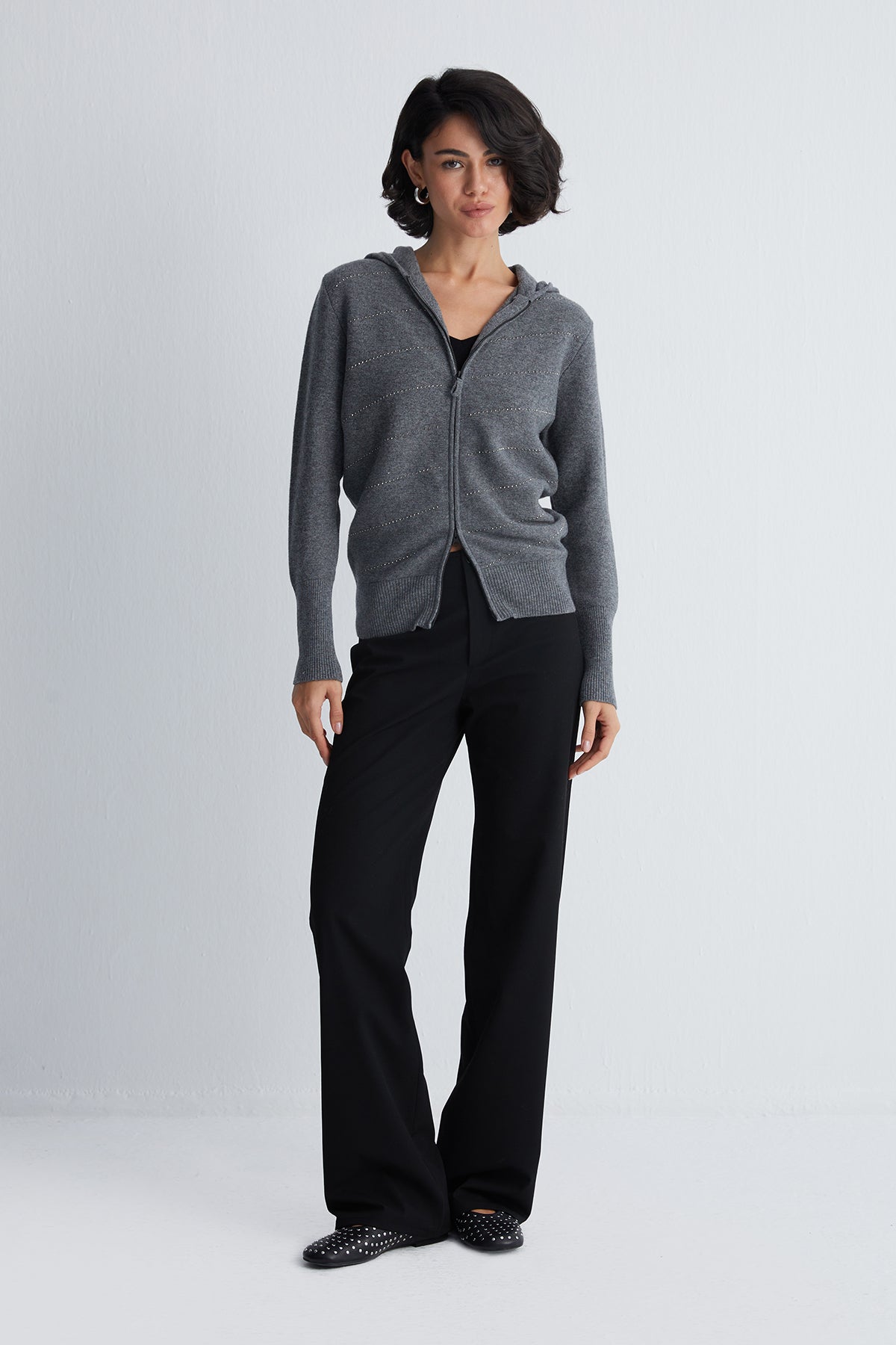 Gri Sky Kaşmirli Taşlı Kapüşonlu Hırka