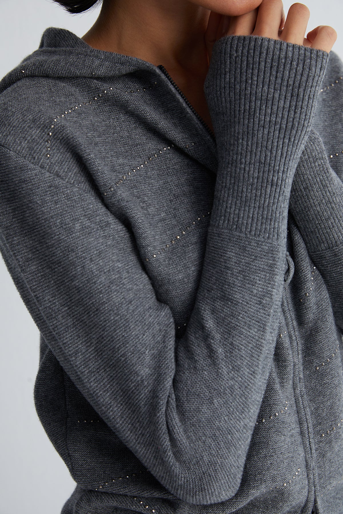 Gri Sky Kaşmirli Taşlı Kapüşonlu Hırka