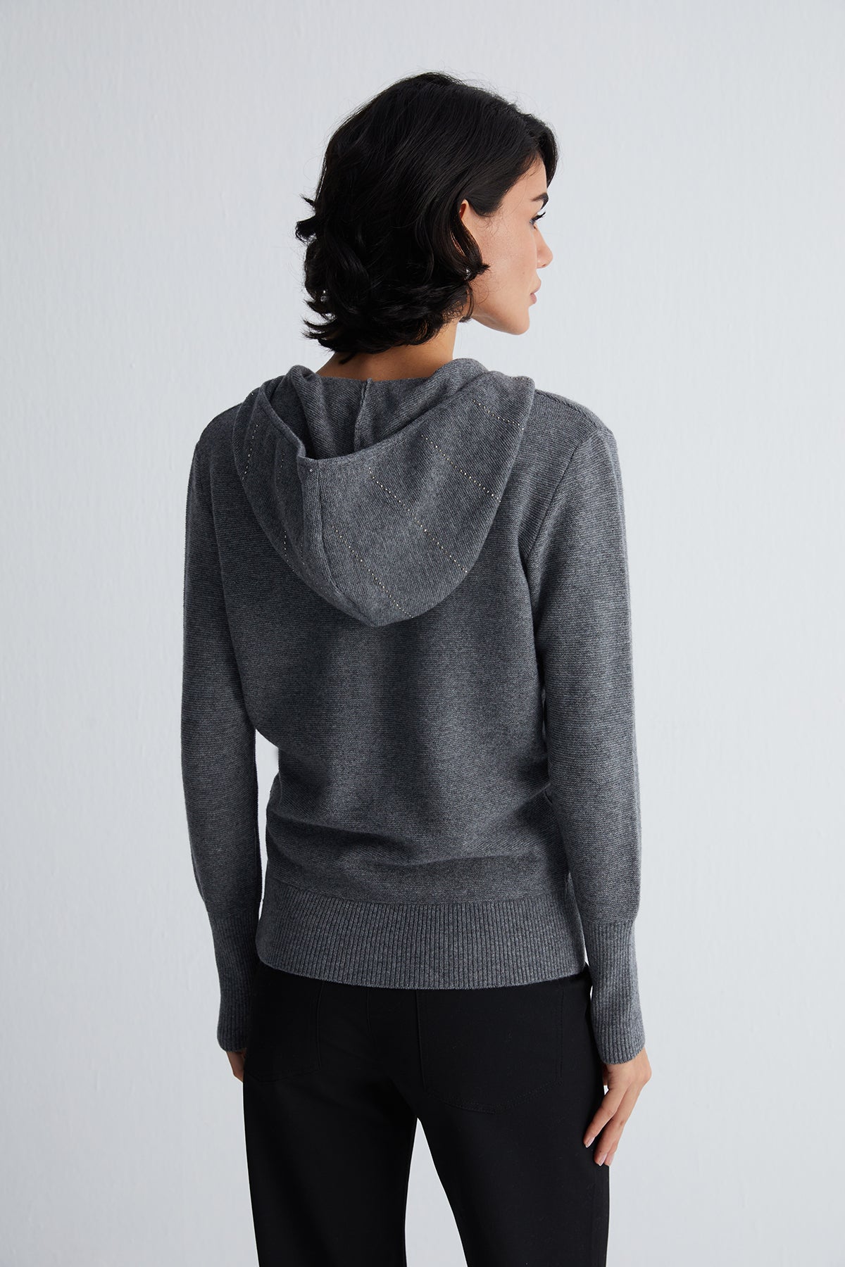 Gri Sky Kaşmirli Taşlı Kapüşonlu Hırka