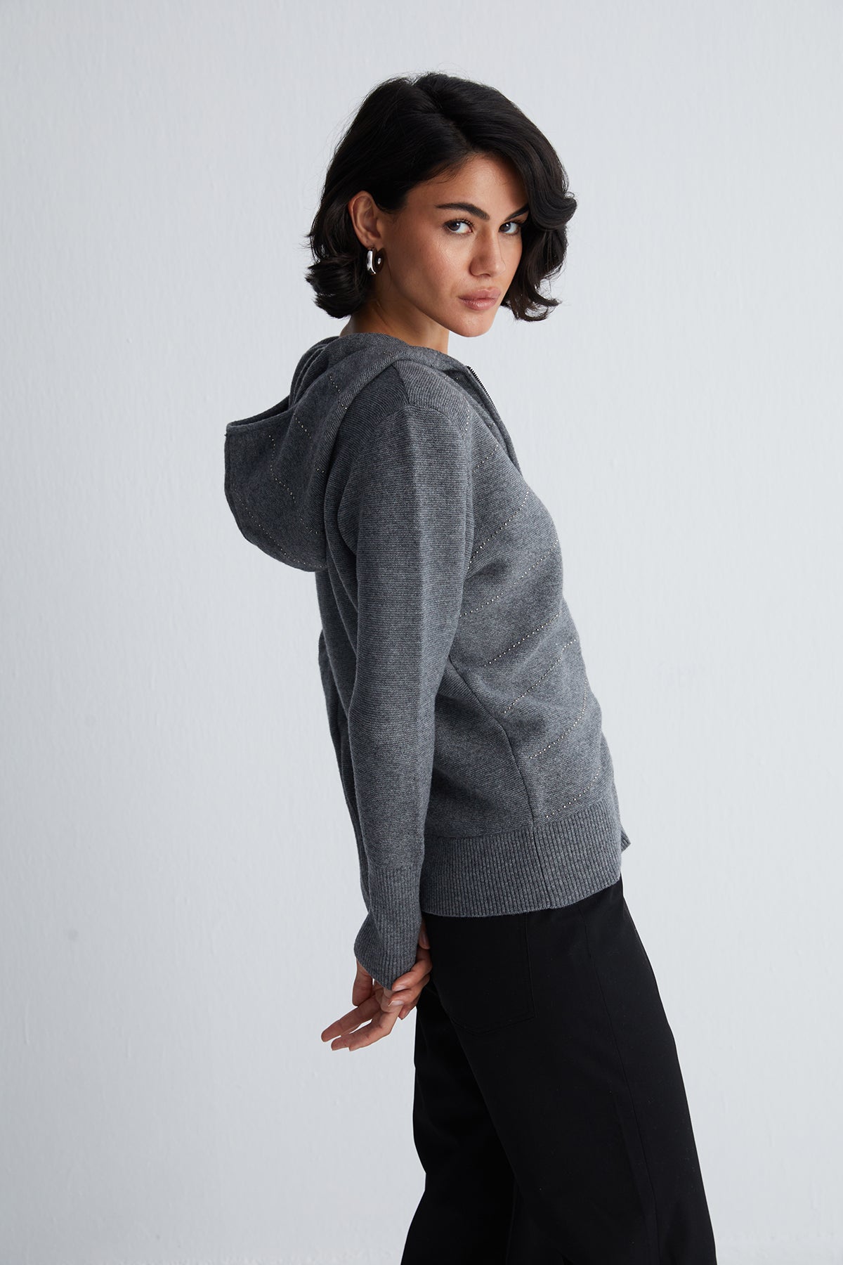 Gri Sky Kaşmirli Taşlı Kapüşonlu Hırka