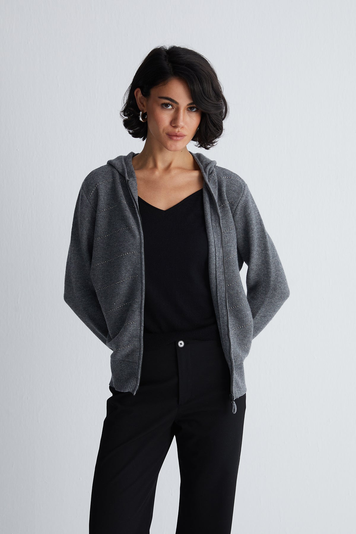 Gri Sky Kaşmirli Taşlı Kapüşonlu Hırka