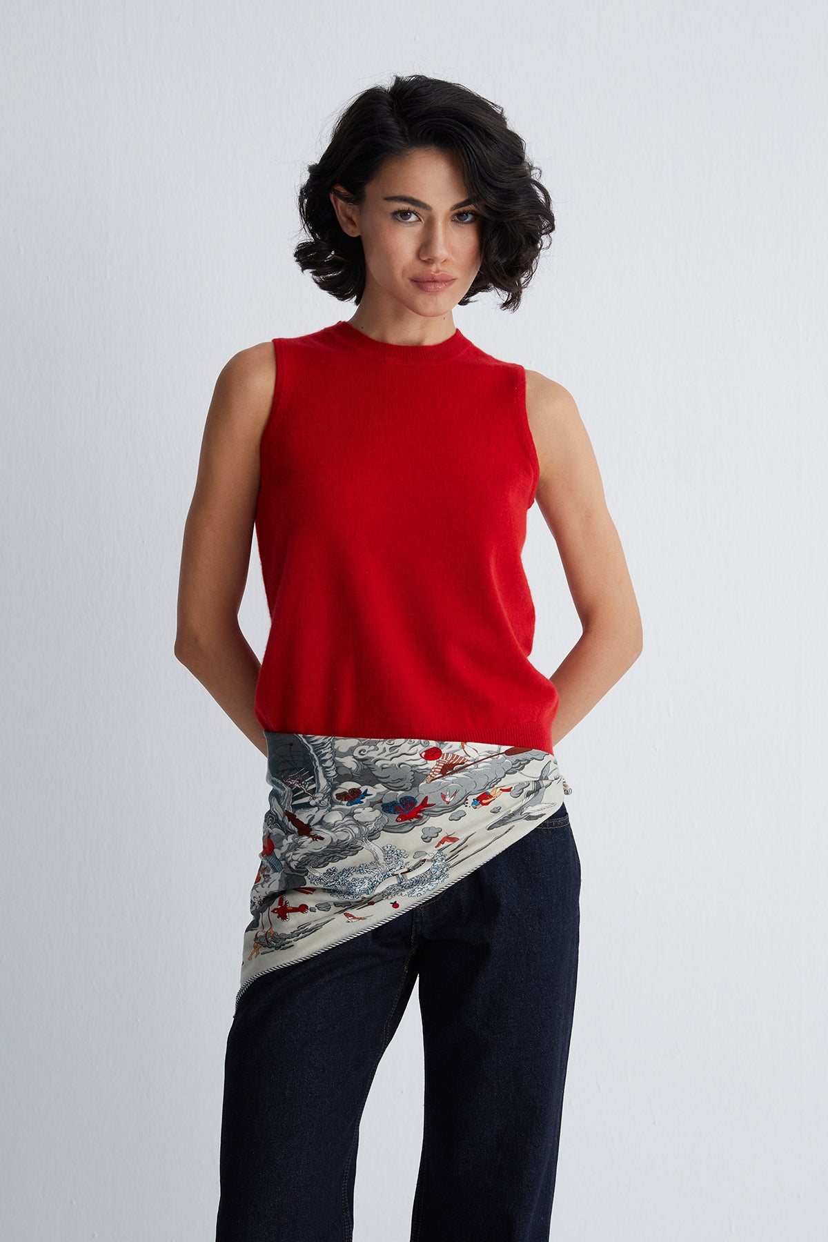 Kırmızı Alexia Saf Kaşmir Yuvarlak Yaka Süveter