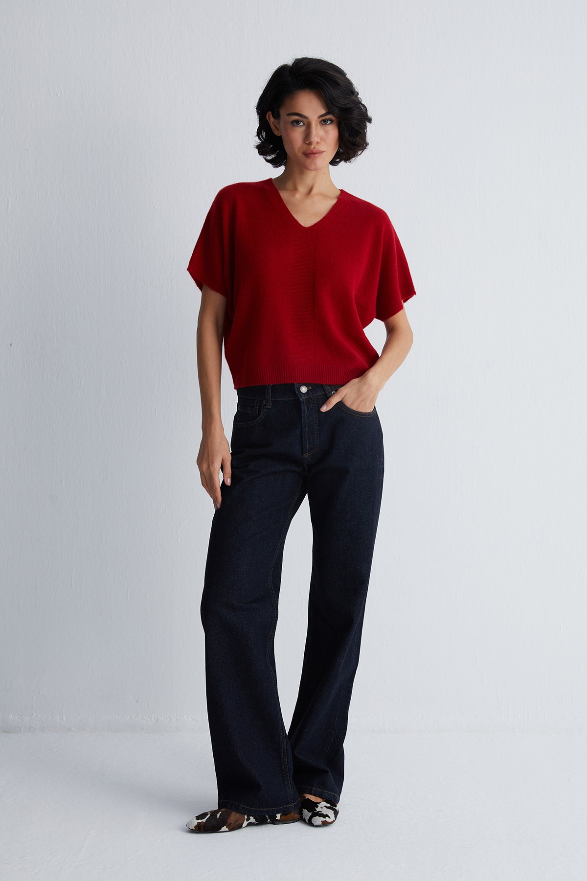 Kırmızı Alexia Saf Kaşmir V Yaka Kısa kollu Triko