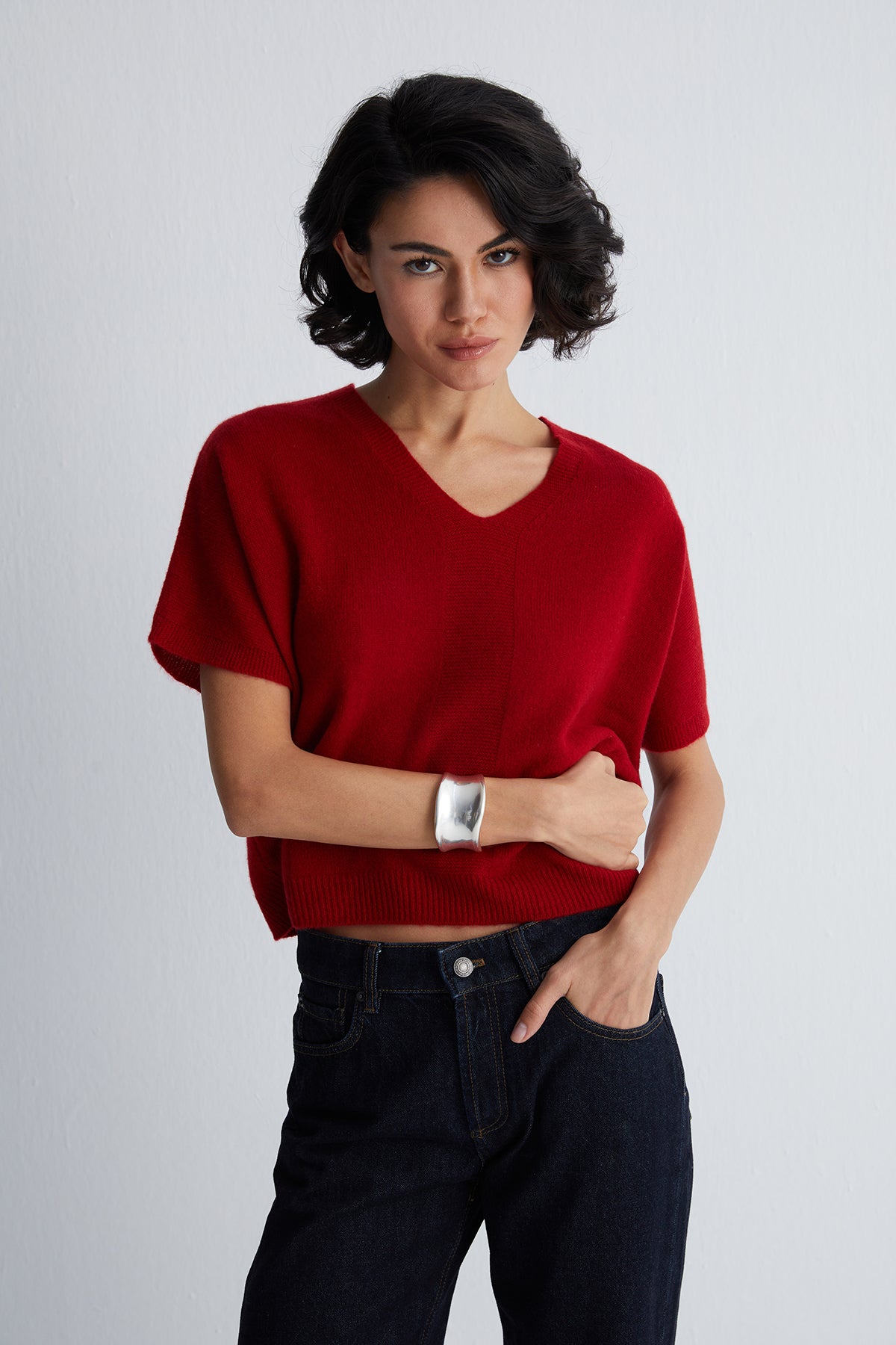 Kırmızı Alexia Saf Kaşmir V Yaka Kısa kollu Triko