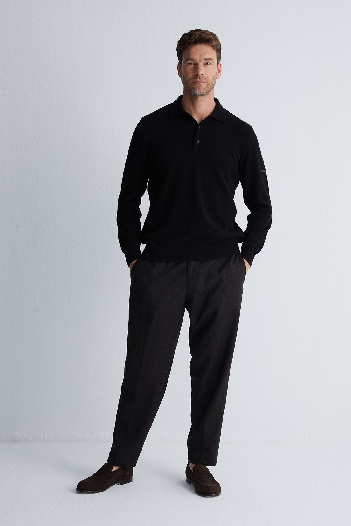 Siyah Saf Kaşmir Erkek Polo Kazak