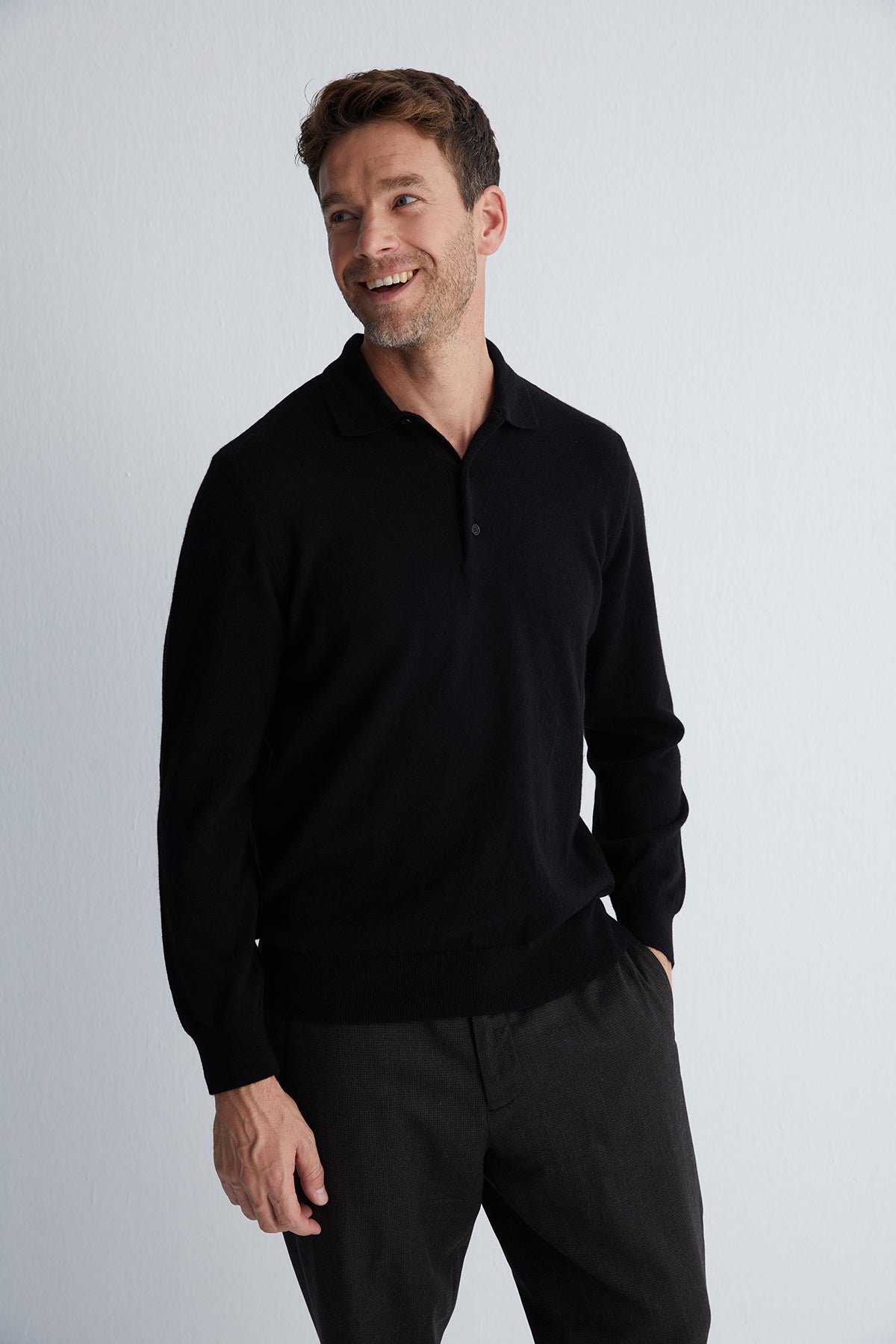 Siyah Saf Kaşmir Erkek Polo Kazak