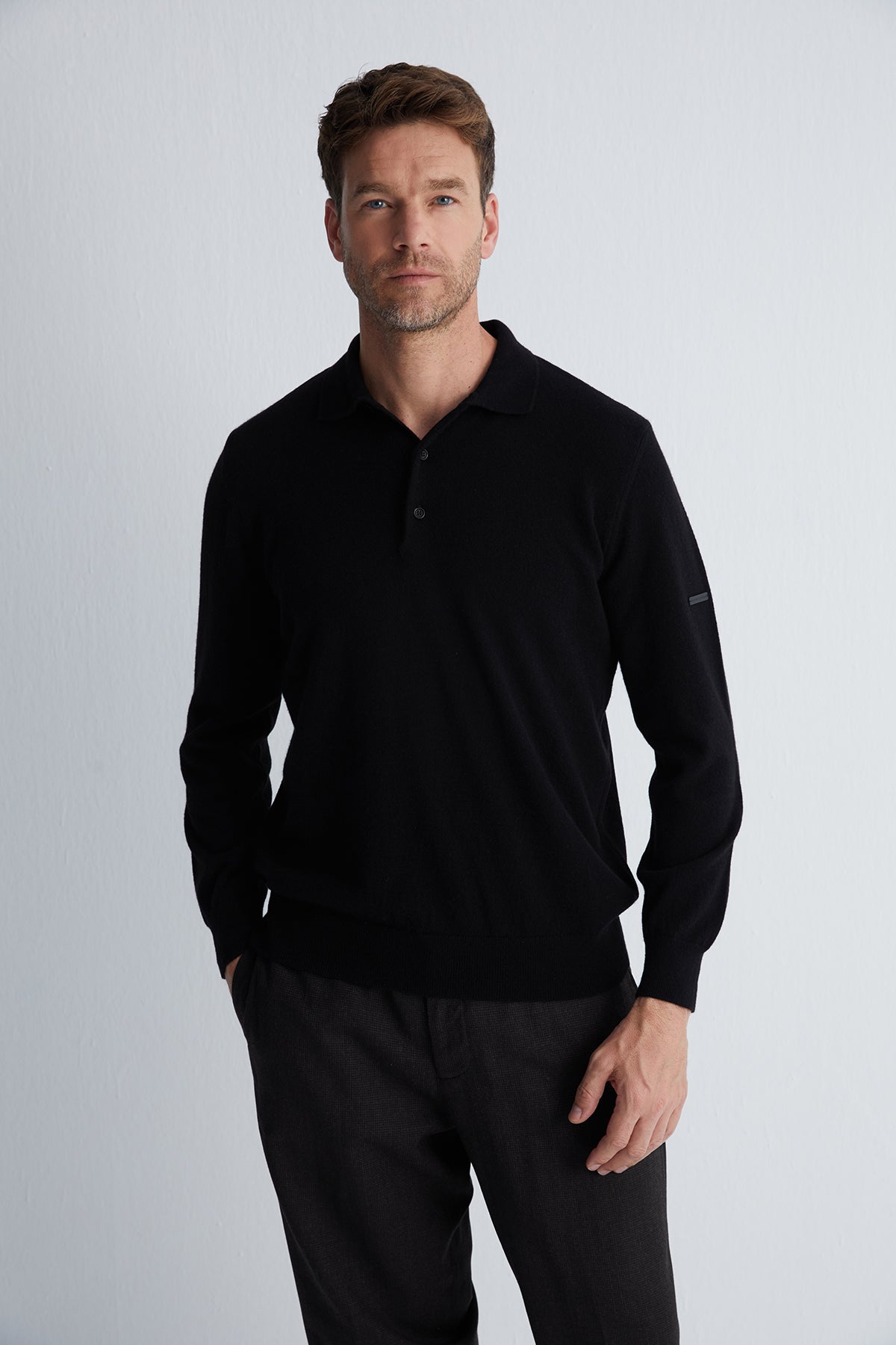 Siyah Saf Kaşmir Erkek Polo Kazak