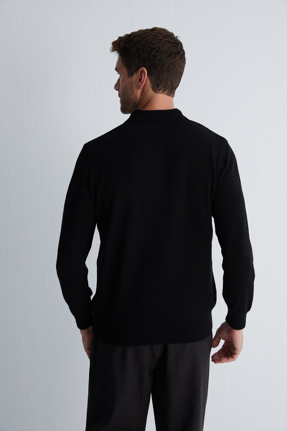 Siyah Saf Kaşmir Erkek Polo Kazak