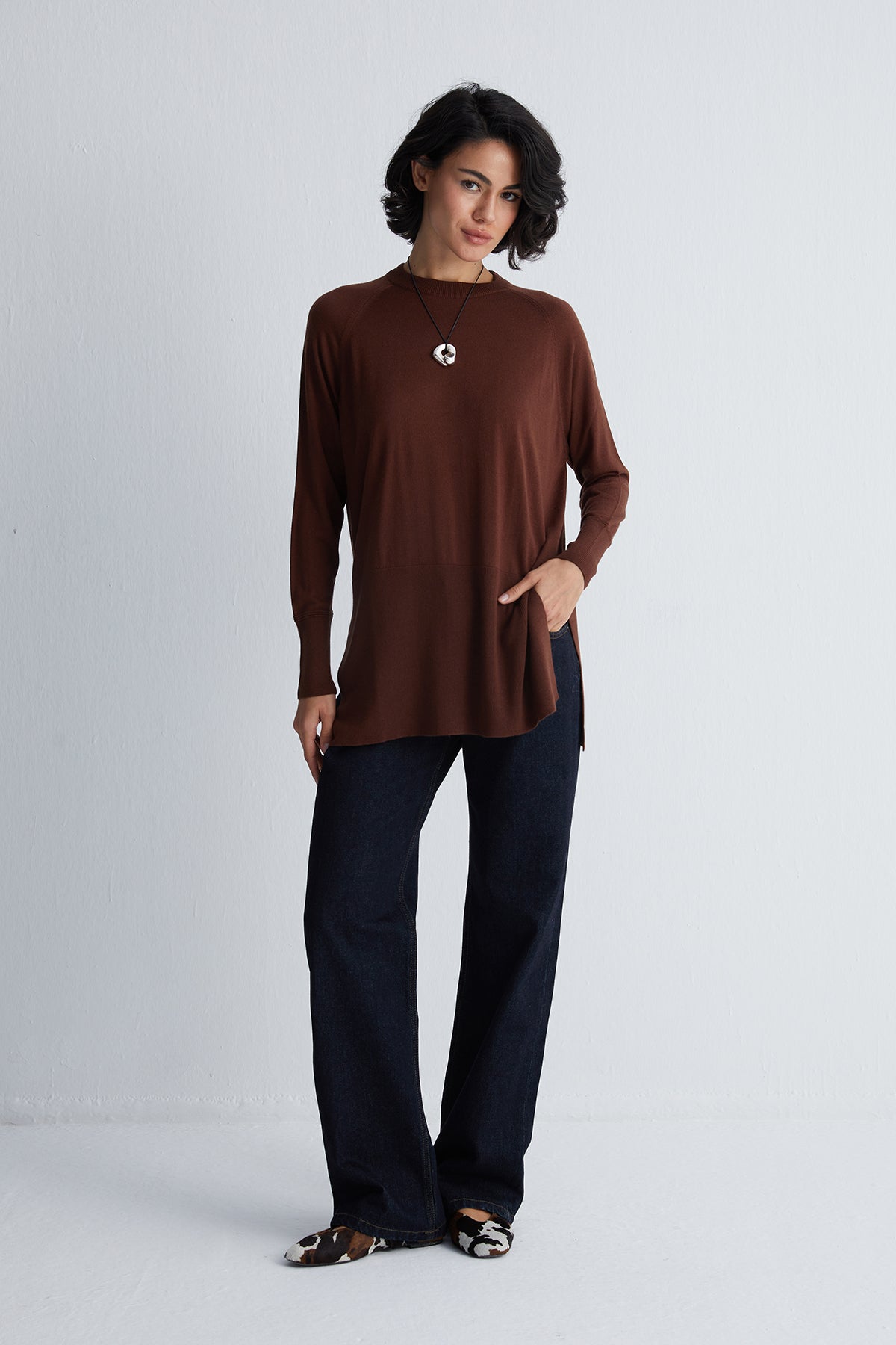 Kahverengi Zoe İpek Kaşmir Yuvarlak Yaka Tunik