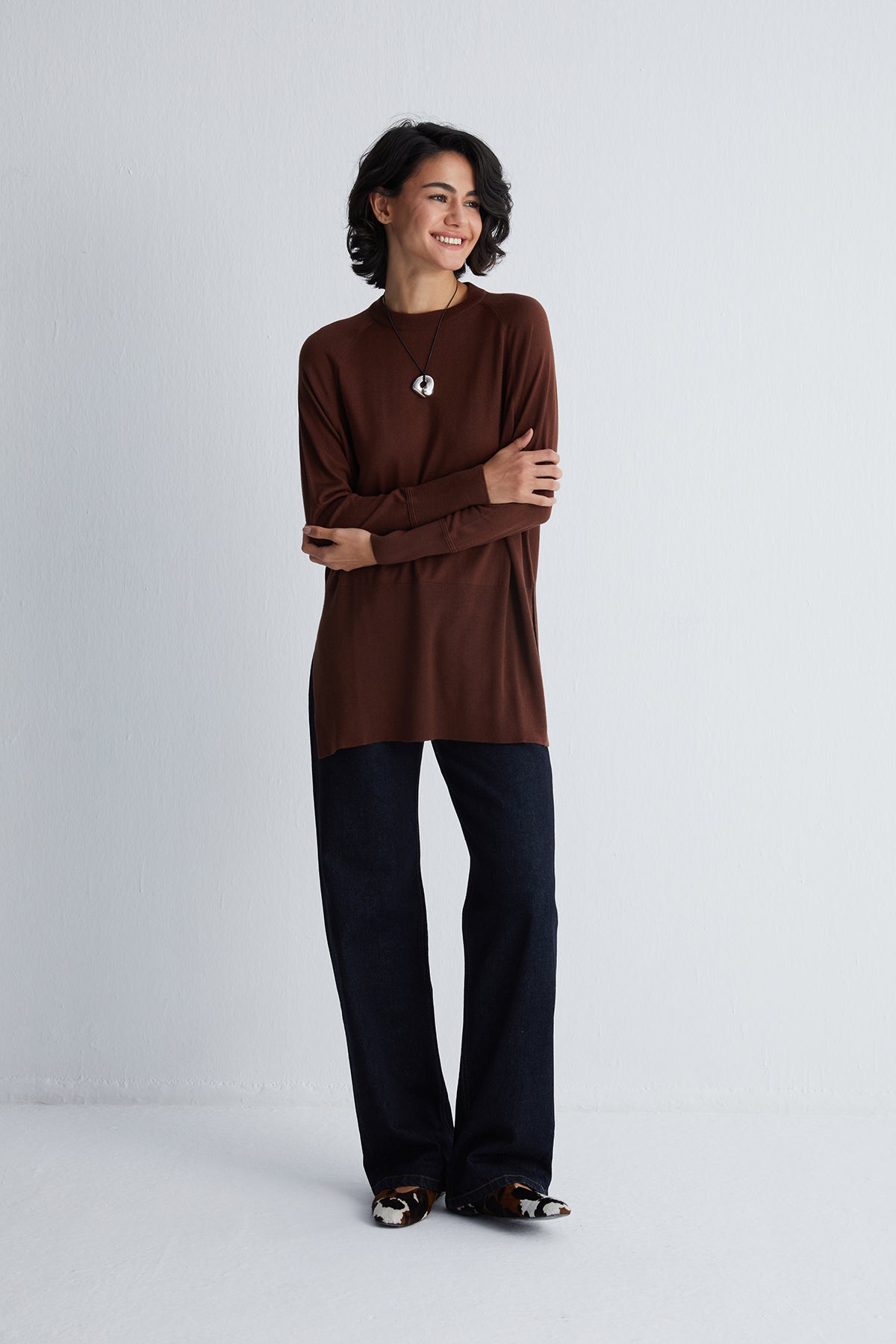 Kahverengi Zoe İpek Kaşmir Yuvarlak Yaka Tunik