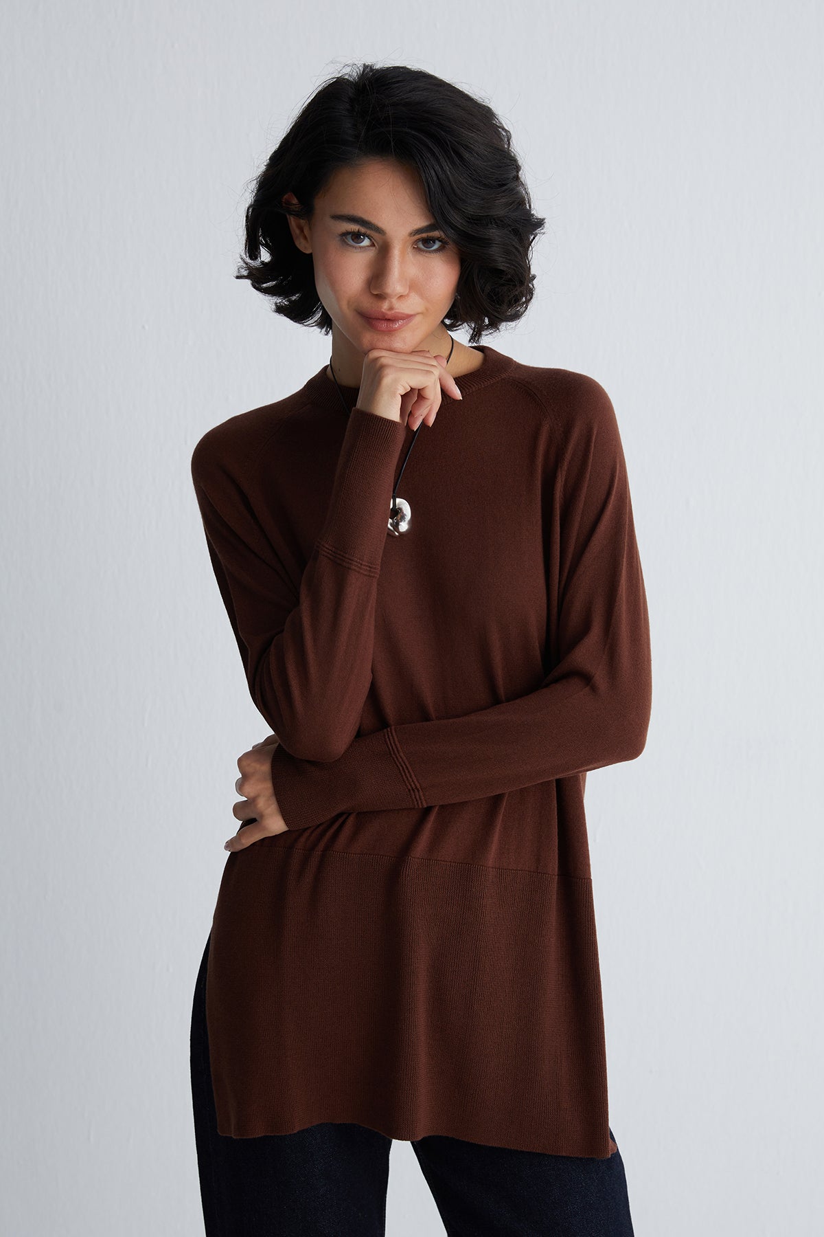 Kahverengi Zoe İpek Kaşmir Yuvarlak Yaka Tunik
