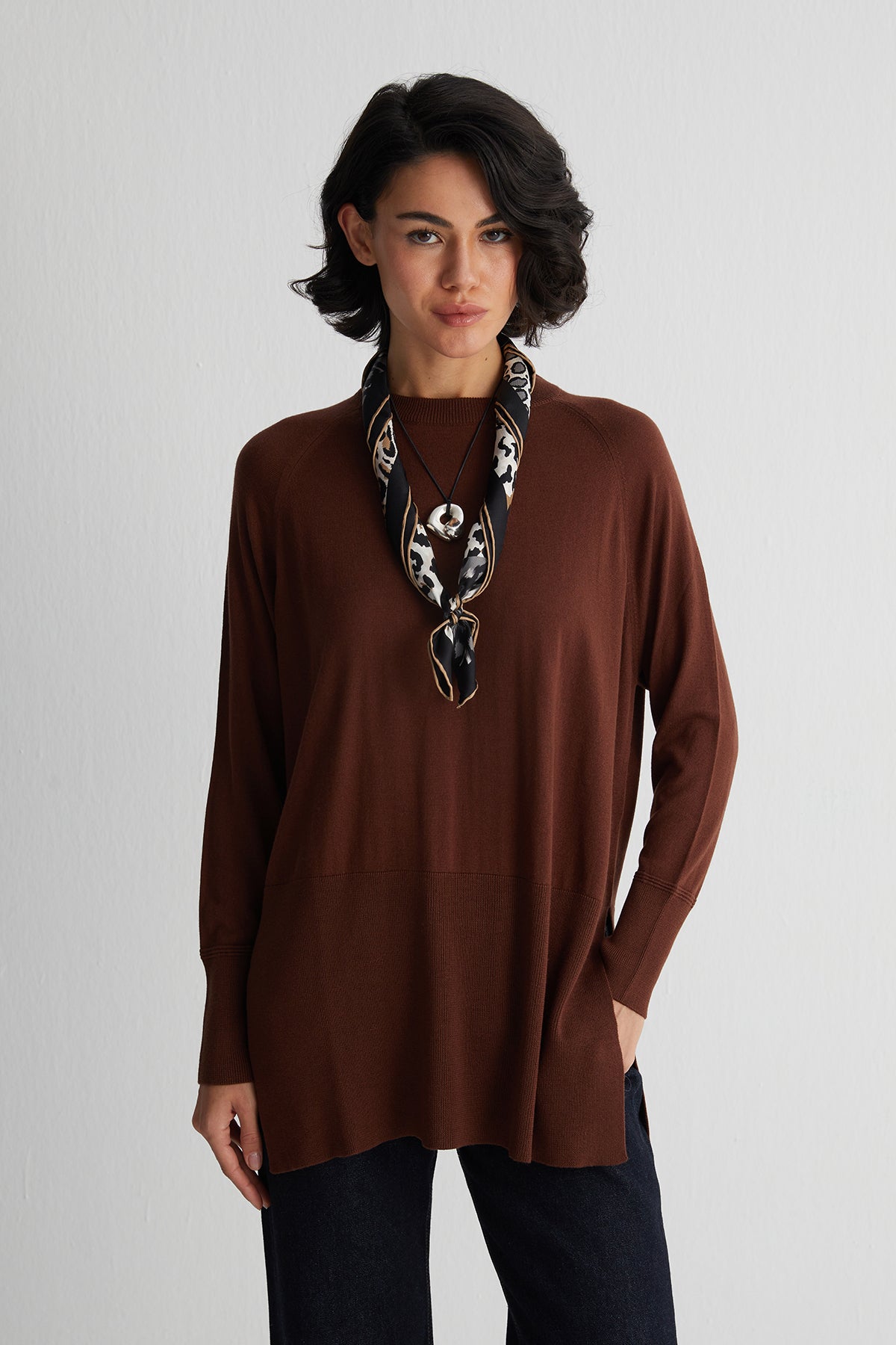 Kahverengi Zoe İpek Kaşmir Yuvarlak Yaka Tunik