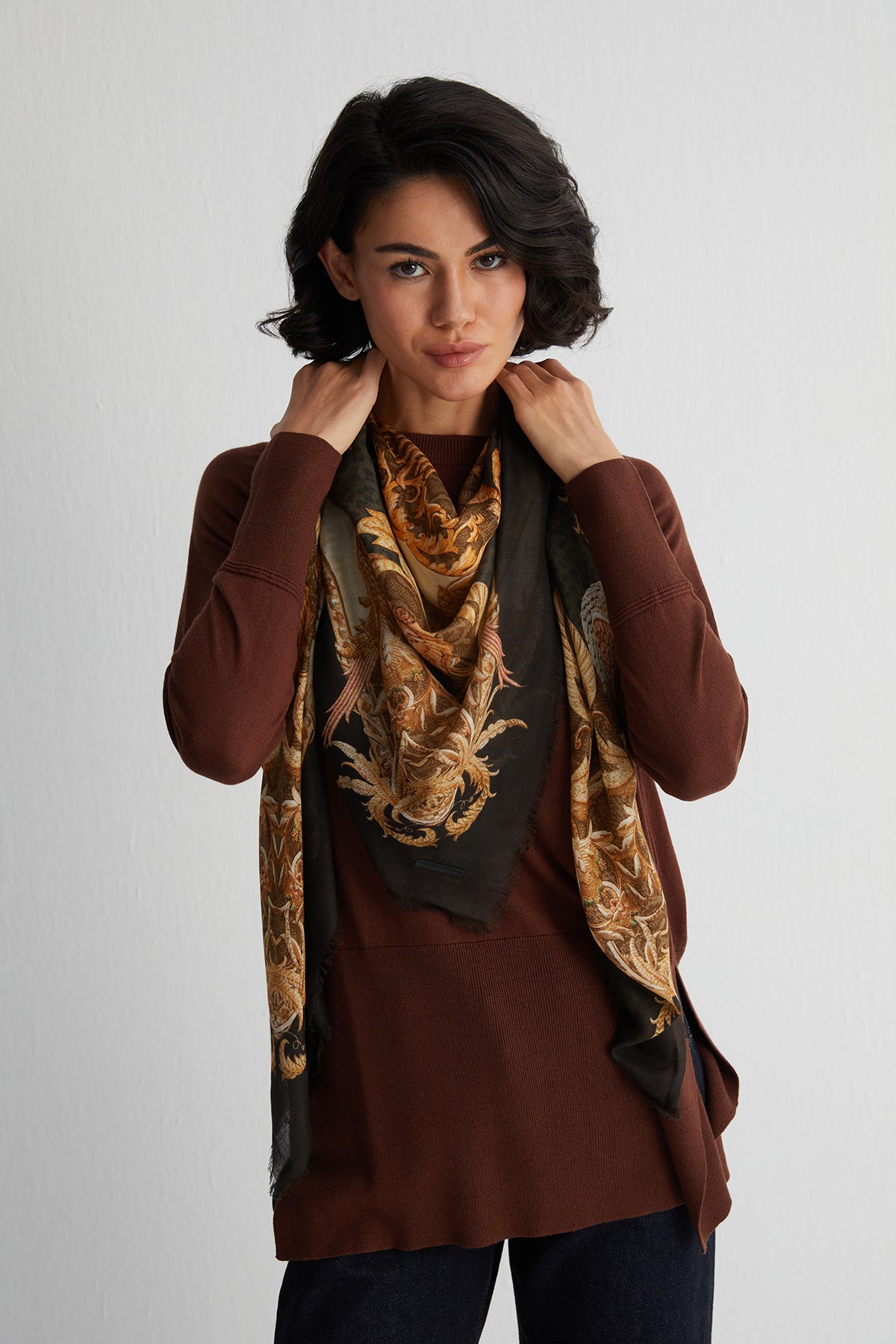 Kahverengi Zoe İpek Kaşmir Yuvarlak Yaka Tunik